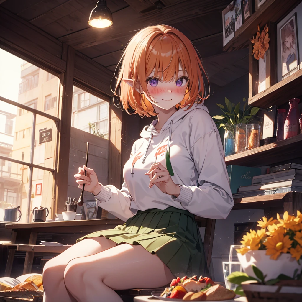 Table Party, (Remember,Food on the table:1.3),(picnic:1.3),Basket on the table, Elf Ears, Highest quality,Best image quality,Perfect Anatomy,masterpiece,Very detailedな,beautiful,super high quality, Highest quality,High resolution, Very detailed,Game CG,Dutch Angle ,beautiful細部までこだわった目,Visual Arts,Five Fingers, Perfect hands,Hide your hands, {{{One Girl}}}, beautiful詳細な女の子, Game CG, Spring flower, One curl on the outside, Short Bob Hair, Pastel orange hair, Purple eyes,Stylish accessories solo, Breast augmentation, Medium Shot, woman, Take-out, Laughter, Huge ,,Pastel green checkered mini skirt,Black Knee High, {{{{{Wearing a pastel green hoodie}}}}},Open your mouth, wonderful, beautiful細部までこだわった目, Highest quality, Very delicate,Masseter region,Highest quality,(Official Art、Highest quality、unity 8k wallpaper、32K、masterpiece、Very detailedな、超High resolution、Realistic、Realistic:1.2)、(Cinema Lighting:1.2)、Fire glow effect、The most grainy shadows on the film、Side light、Side Shot、(Very detailedなで複雑な3Dレンダリング)、Atelier Series,