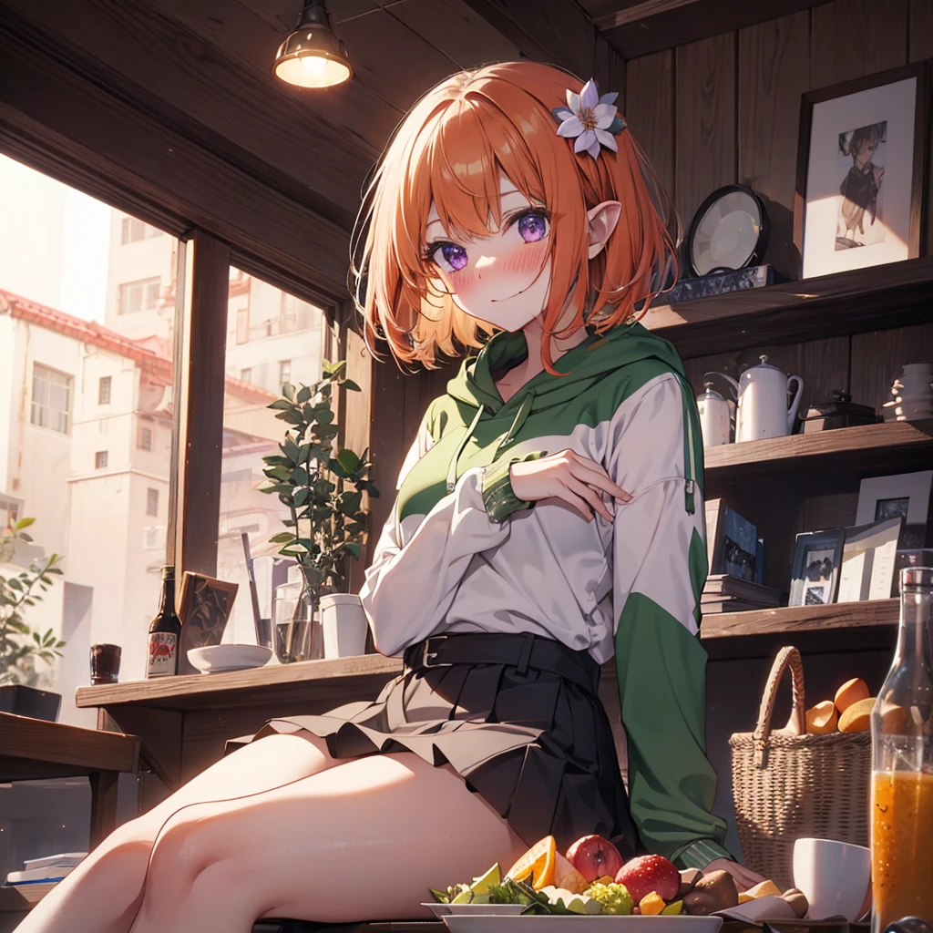 Table Party, (Remember,Food on the table:1.3),(picnic:1.3),Basket on the table, Elf Ears, Highest quality,Best image quality,Perfect Anatomy,masterpiece,Very detailedな,beautiful,super high quality, Highest quality,High resolution, Very detailed,Game CG,Dutch Angle ,beautiful細部までこだわった目,Visual Arts,Five Fingers, Perfect hands,Hide your hands, {{{One Girl}}}, beautiful詳細な女の子, Game CG, Spring flower, One curl on the outside, Short Bob Hair, Pastel orange hair, Purple eyes,Stylish accessories solo, Breast augmentation, Medium Shot, woman, Take-out, Laughter, Huge ,,Pastel green checkered mini skirt,Black Knee High, {{{{{Wearing a pastel green hoodie}}}}},Open your mouth, wonderful, beautiful細部までこだわった目, Highest quality, Very delicate,Masseter region,Highest quality,(Official Art、Highest quality、unity 8k wallpaper、32K、masterpiece、Very detailedな、超High resolution、Realistic、Realistic:1.2)、(Cinema Lighting:1.2)、Fire glow effect、The most grainy shadows on the film、Side light、Side Shot、(Very detailedなで複雑な3Dレンダリング)、Atelier Series,