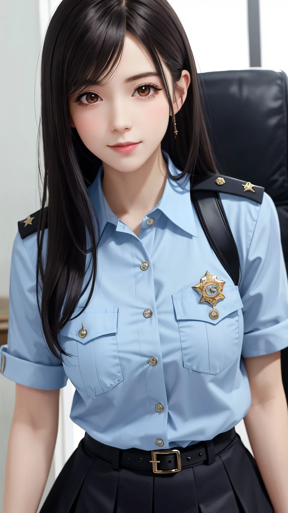 {Top Quality, Masterpiece}, {{{realistic}}}, BREAK {{{FF7, Tifa_lockhart}}}, Ultra-detailed face, Detailed red eyes, black Brown Hair, (Large breasts: 1.0), about 18 years old, BREAK  (she is wearing a police-uniform:1.6, mini-skirt, ), {smile, kawaii}, {{model pose}}, {{erotic eyes, erotic mouth, erotic face}},  {{{police office}}}, in the police office