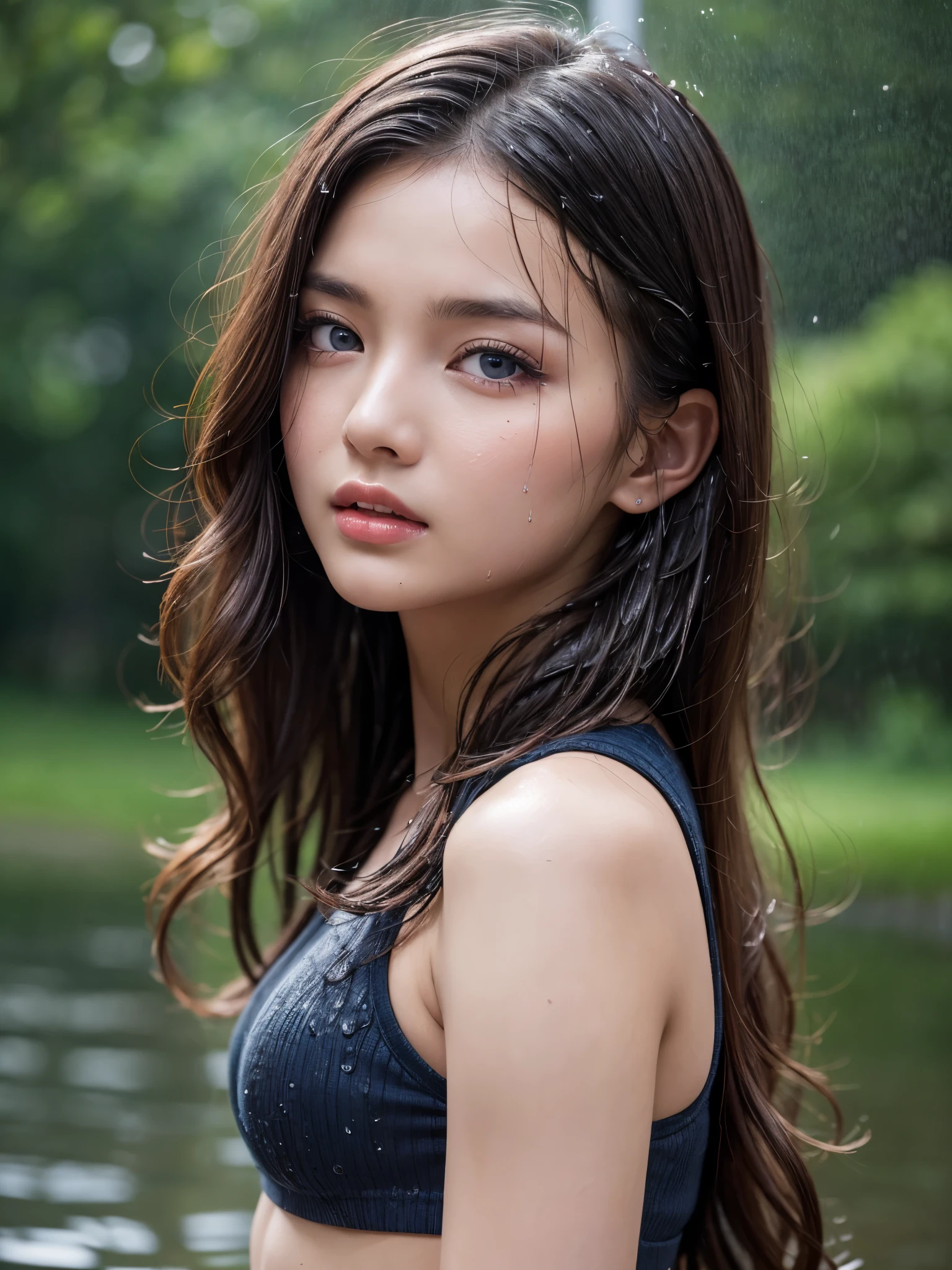(Best quality, 8k, Masterpiece :1.3), pretty lady, 1 girl, lake, forest, dark brown long hair, wavy curly hair, detailed blue eyes, (rainy wet, wet from rain, wet body :1.2), white crop top, ultra-detailed face, detailed lips, Super detailed eyes, double eyelid, long upper eyelashes, soft textured skin, 8k, super detail, UHD, retina, highres, award winning,