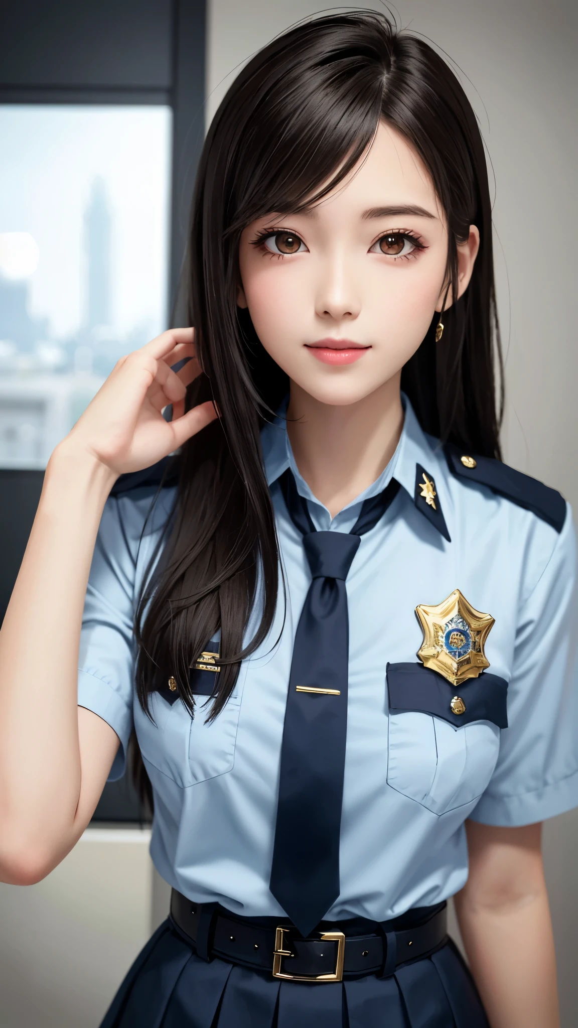 {Top Quality, Masterpiece}, {{{realistic}}}, BREAK {{{FF7, Tifa_lockhart}}}, Ultra-detailed face, Detailed red eyes, black Brown Hair, (Large breasts: 1.0), about 18 years old, BREAK  (she is wearing a police-uniform:1.6, mini-skirt, ), {smile, kawaii}, {{model pose}}, {{erotic eyes, erotic mouth, erotic face}},  {{{police office}}}, in the police office
