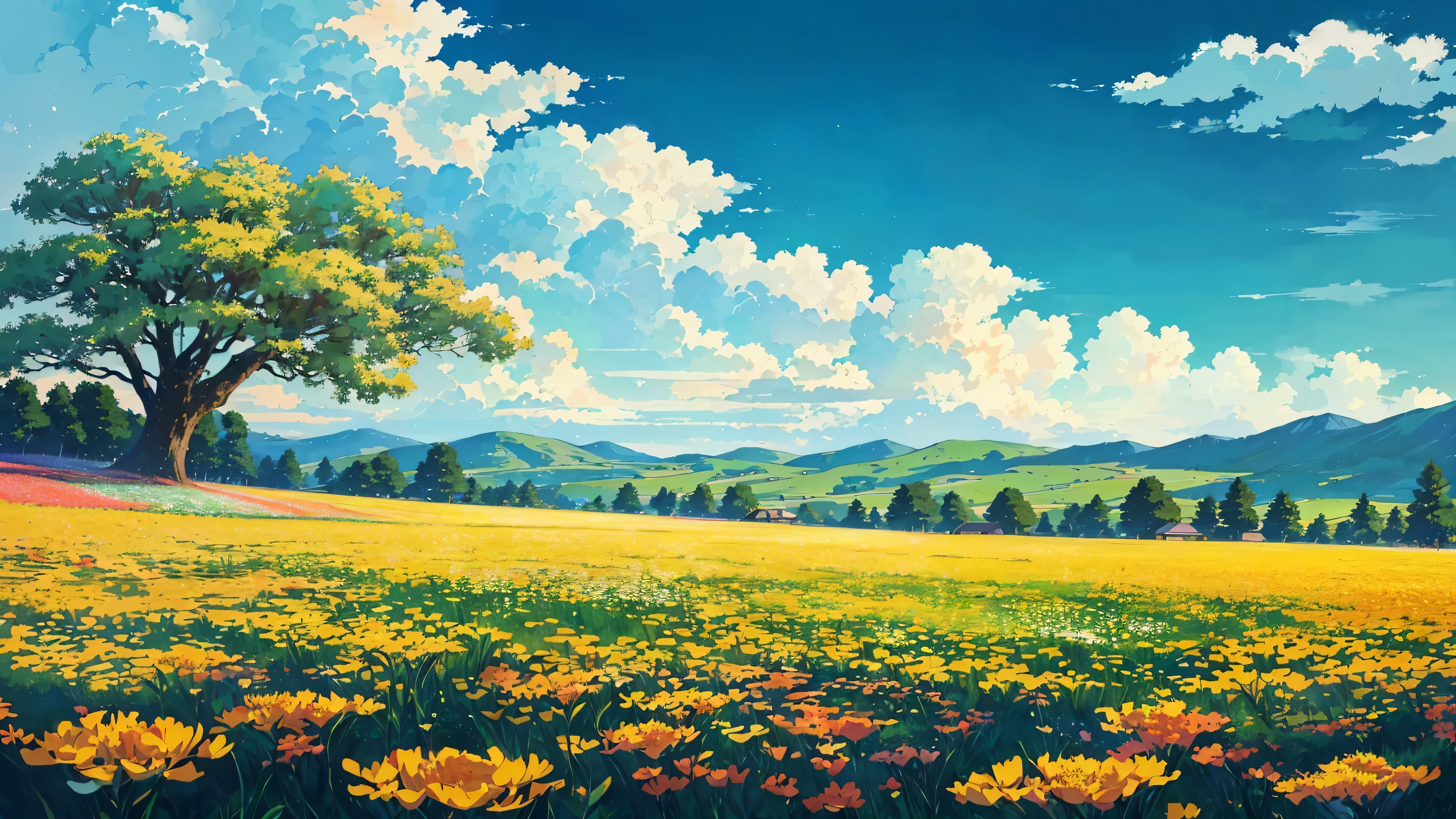 A painting,There is a flower field and a tree in the painting, Anime rural scenery, Landscape Artwork, Anime Background Art, Beautiful anime scenery, Anime Landscape Wallpaper, The most beautiful scenery, Anime beautiful peaceful scene, Beautiful wallpapers, Landscape Art Detail, Beautiful anime scene, Amazing wallpapers, author:sylvain sarrailh, Anime Nature, Beautiful scenery, Very very very Beautiful scenery