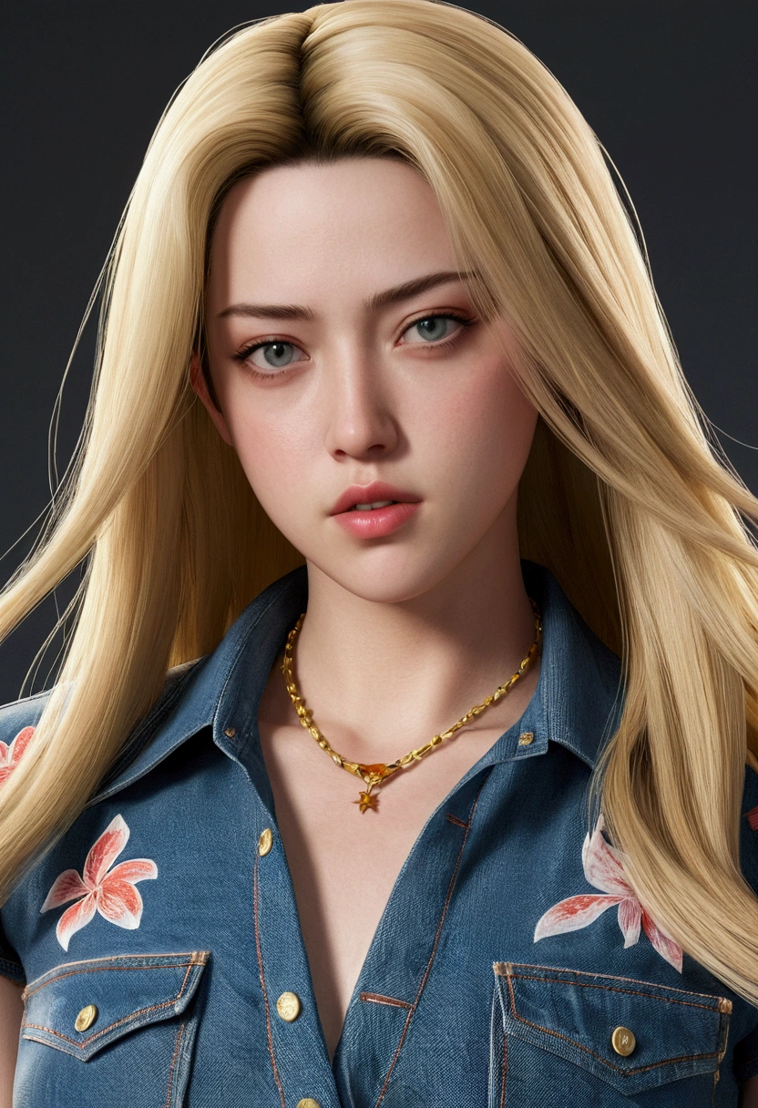 Create a woman with a body like the character Mai Shiranui, eyebrows and eyes like Billie Eilish, nose and mouth like Amber Heard, light and straight blonde hair, long hair, the woman is an 18 year old girl, she uses small blouse with low neckline, the blouse shows her belly, she wears denim shorts