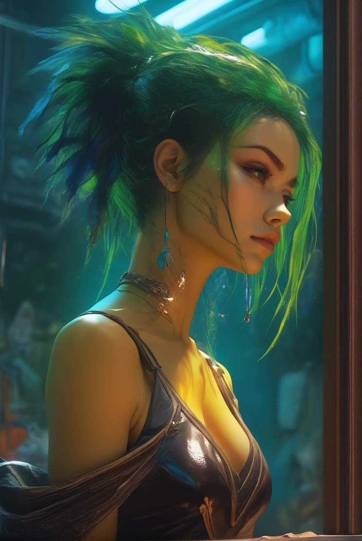 atmosphere oleosa sombria Artwork By Jesper Ejsing Looking into the mirror of truth Detailed cyber Touro punk girl sexy DBZ Alita Naruto fênix Carne Griffiths Michael Garmash, seb McKinnon, masterpiece", Green withe latex art, in 4D lighting, 8k concept art; ; trending on artstation; deep color; ink drawing; In Futuristic Ultra Detailed , fear Background, Highly Detailed, in buraco negro Scale Like Skin, Daz 3d, Unity, Unreal Engine 5