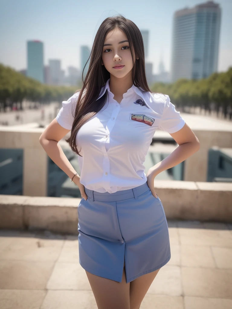 1girl, solo, (uniform), detailed Metropolitan city at the background, above head space, thick breasts, semi-curvy body, Sixpack abs, smooth realistic skin, tight white shirt, grey blue short skirt, looking at the audience, high angle shot,(8k, RAW photo, best quality, masterpiece: 1.3), (realistic, realistic: 1.37), ultra-high resolution, cowboy shot