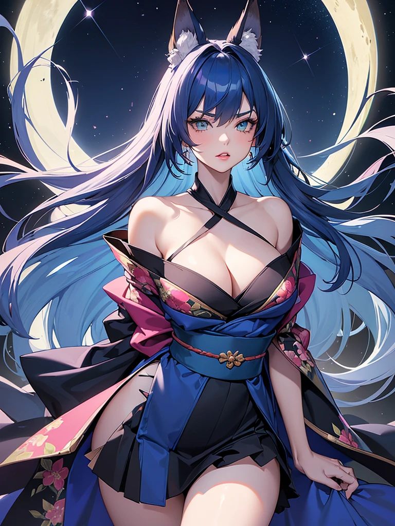 (super detailed:1.3), ((((best quality)))), ((masterpiece)), female kitsune, blue hair, long flowing hair, big green eyes, pink lipstick, full lips, (outfit between a black kimono and cocktail dress), (silky fabric), (low-cut neckline), (form-fitting waist), (short, asymmetrical skirt), (delicate floral patterns on the fabric), (sash tied around the waist with a large bow), (fox ears and fluffy tail), (bare shoulders), (elegant and sexy), (traditional meets modern style),(medieval Europe apartment background), window, (nighttime, blue moon,starry sky :1.2),((dark blue hair, light blue undertones:1.2)),angry expression,dagger strapped to leg