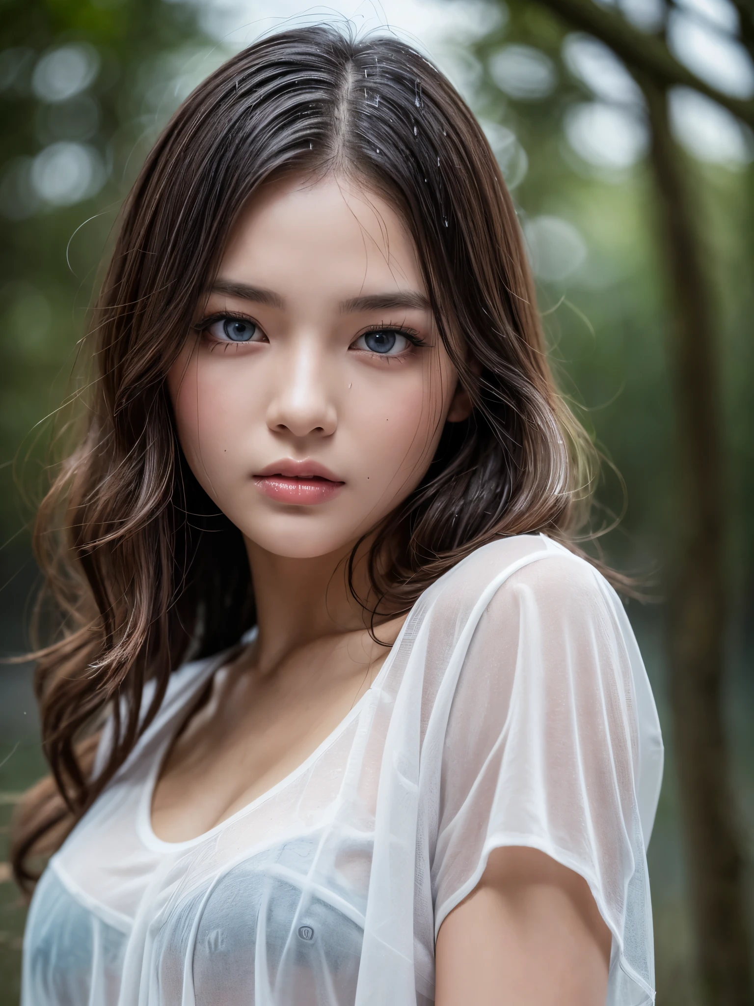 (Best quality, 8k, Masterpiece :1.3), pretty lady, 1 girl, lake, forest, dark brown long hair, wavy curly hair, detailed blue eyes, (rainy wet, wet from rain, wet body :1.2), white crop top, ultra-detailed face, detailed lips, Super detailed eyes, double eyelid, long upper eyelashes, soft textured skin, 8k, super detail, UHD, retina, highres, award winning,