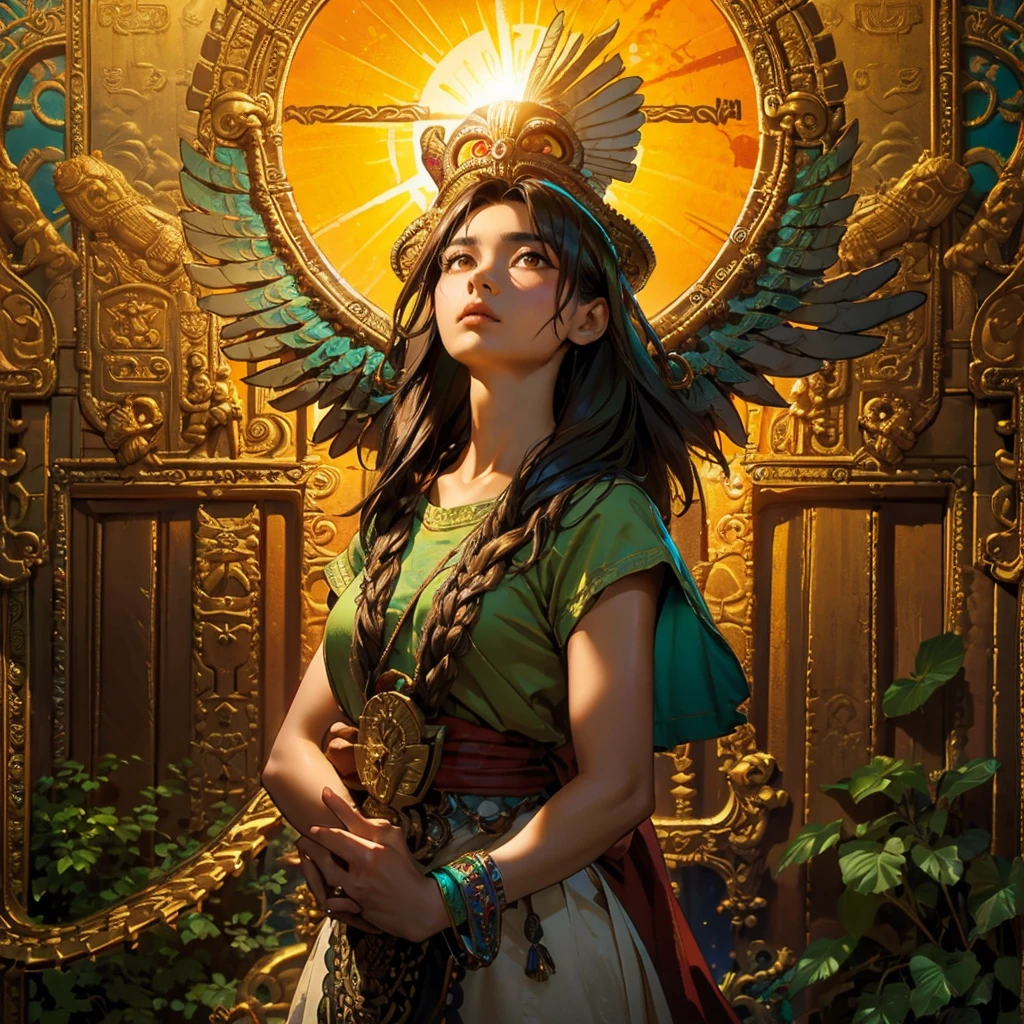 Childish, high quality、Very detailed、8Year、Mayan Aztec young priestess、Flying Feathered Serpent(Quetzalcoatl Kukulkan)Looking up at the sky and offering prayers、Chichen Itza Temple of the Sun in the Forest、mysterious、