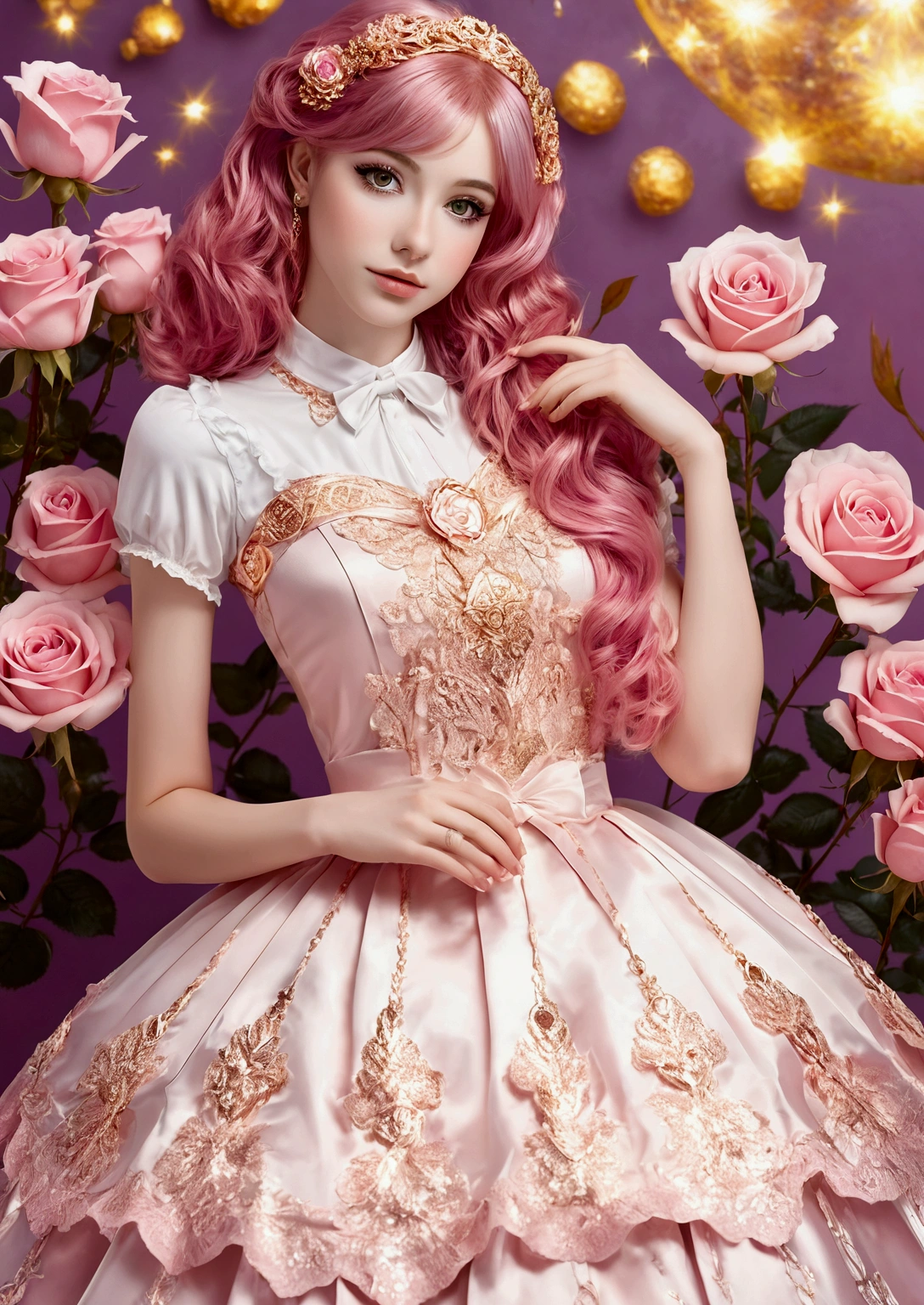 Adorable fair skinned pink haired magenta eyed European and slender young woman pink gold rose gold color theme