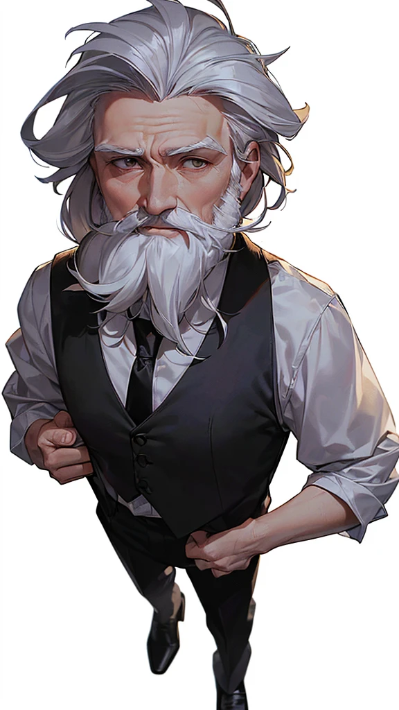 ((60 year old white man seen from above)), ((long tied white hair)), ((brown dark eyes)), ((full white beard)), ((wears a white dress shirt with a black vest over it and a red tie)), ((Black dress pants and black dress shoes)).