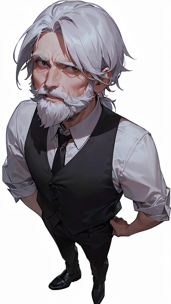 ((60 year old white man seen from above)), ((long tied white hair)), ((brown dark eyes)), ((full white beard)), ((wears a white dress shirt with a black vest over it and a red tie)), ((Black dress pants and black dress shoes)).