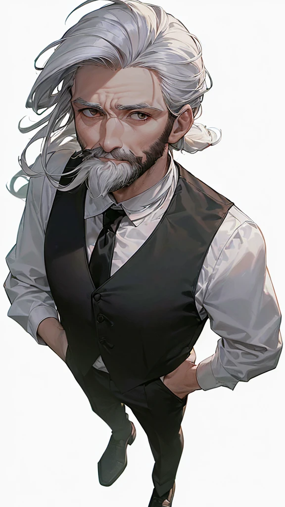 ((60 year old white man seen from above)), ((long tied white hair)), ((brown dark eyes)), ((full white beard)), ((wears a white dress shirt with a black vest over it and a red tie)), ((Black dress pants and black dress shoes)).