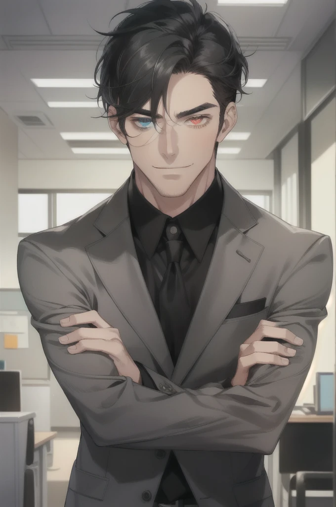 masterpiece, best quality, realistic, 1man, mature man, muscular tall, handsome, smile, closed mouth, portrait, extremely detailed face, (short hair), (gray black hair), (heterochromia in eyes), CEO, Office home.