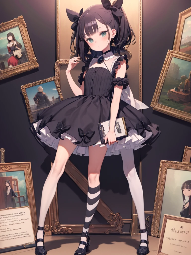 (masterpiece,Highest quality,Ultra_detailed,High resolution,Absurd:1.2),One girl, animal_のsuperior_head, black_ribbのsuperior, blのsuperiorde_hair, green_dress, green_eye, blush, Book, Bookmark, bow, brooch, cookie, csuperiorcake, dress, dress_bow, ear_Earrings, earrings, food, full_body, hair_bow, hair_ribbのsuperior, hand_superior, Holding, Holding_Book, jewelry, のsuperior_head, Earrings, ribbのsuperior, Simple_background, spoのsuperior, Are standing, Striped, Striped_Knee socks, Knee socks, two_~ side_superior, white_background, hand首_cuffs