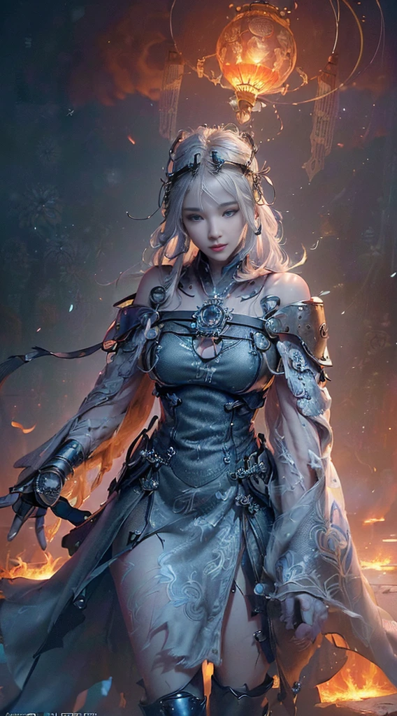 (((( masterpiece, top quality, ultra detailed))), (((( ultra photo-realistic 3D))), (((( dramatic leap in overall accuracy, producing ultra detailed and realistic images))), intricate mechanical cyborg girl, dynamic battle action poses, detailed and intricate steampunk and gothic lolita fused with detailed off-the-shoulder fashion, intricate steampunk headgear, hands are intricate mechanical weaponry, very thin legs, very long eyelashes, silver hair that flutters in the wind, mandala patterned cloak detailed off-the-shoulder fusion fashion, intricate steampunk headgear, hands intricate mechanical weapons, very thin long legs, very long eyelashes, silver hair fluttering in the wind, dazzling lights in mandala pattern, lots of neon lights crossing and scattering, very complex giant mechanical weapons, complex machine factory surrounded by flames, Very dark night background, very dramatic and cinematic lighting, HDR (High Dynamic Range), Ray Tracing, NVIDIA RTX, Super Resolution, Unreal 5, Subsurface Scattering, PBR Texturing, Post-Processing, Anisotropic Filtering, Depth of Field, Maximum Clarity and Sharpness, Multilayer Textures, Albedo and Specular Maps, Surface Shading, Accurate Simulation Light Material Interaction, Perfect Proportions, Octane Rendering, Two-Tone Lighting, Wide Aperture, Low ISO, White Balance, Rule of Thirds, 16K RAW,