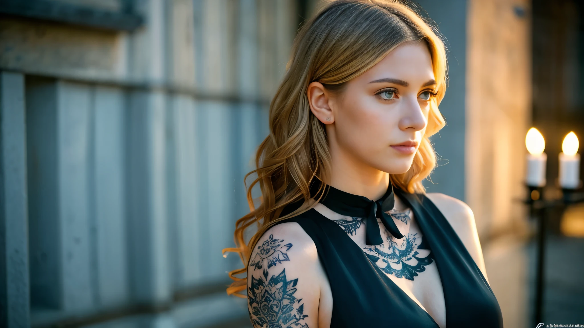 tatuados,Beautiful blonde with big breasts in a black dress、(Back tattoo、Many tattoos on both arms and neck)、 (Late night back alley、walk),Candlelight only,Very detailed, 21 years old, Innocent face, Wavy Hair, blue eyes, High resolution, masterpiece, Highest quality, Intricate details, Very detailed, Clear focus, Delicate skin, practical skin texture, texture, Delicate eyes, Professional, 4K, Sad face,despair、 Shot with Canon, 85mm, Shallow and deep, Kodak Vision Color, Exactly, Very detailed, photograph_\(Extremist\), photographpractical, practical, Post-processing, Maximum details, Roughness, Real Life, Extremist practical, Photorealism, photographgraphy, 8K Ultra HD, photographgraphy