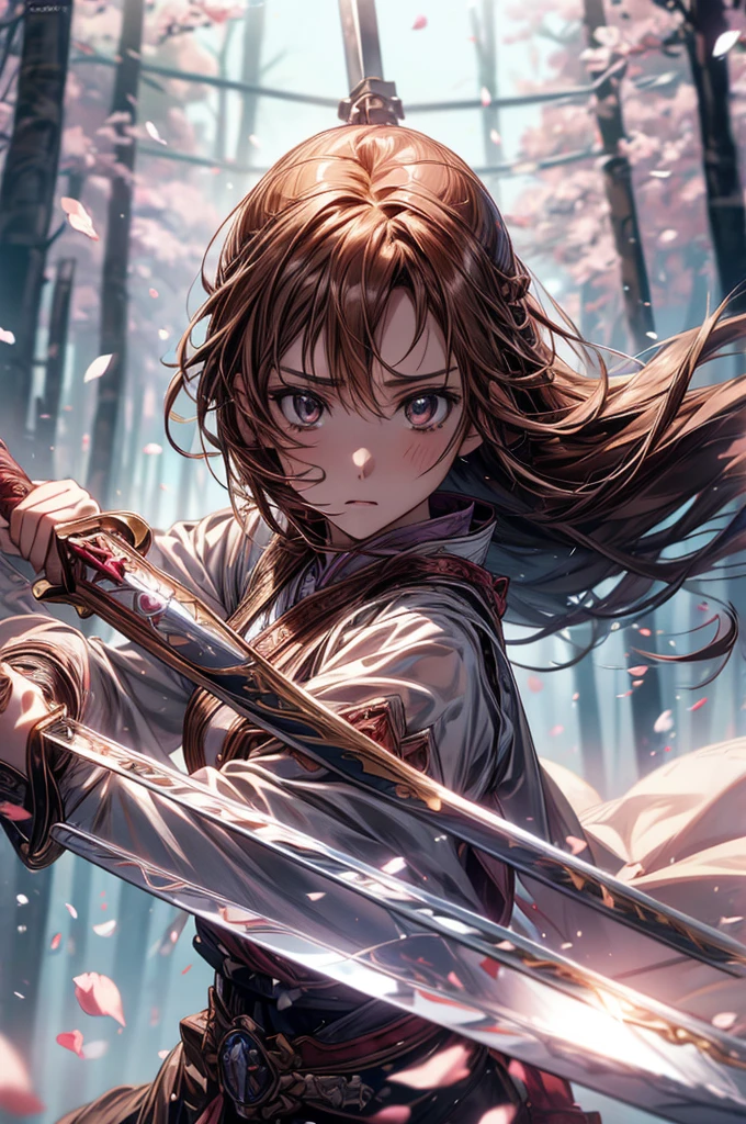 Yuuki Asuna、Yuuki Asuna、((Highest quality))、((masterpiece))、(detailed)、((Anatomically correct))、(High resolution、8k)、(Beautiful Skin:1.1)、One woman、cowboy shot、Look at me、Brown Hair、long hair、(Beautiful eyes:1.2)、Rin々Funny face、Ready your sword