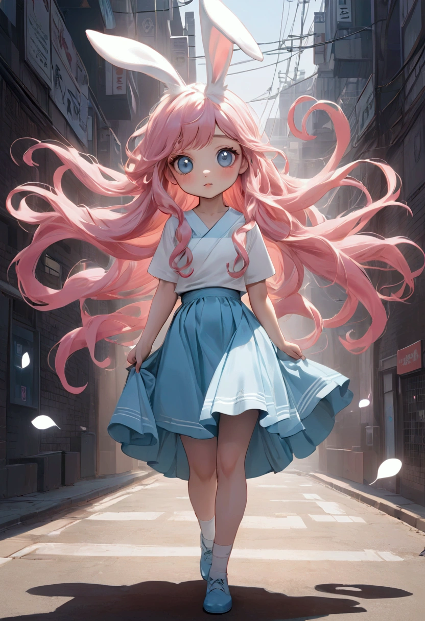 Full body. South Korean webcomic characters. She has long pink hair with big wavy perms, light blue eyes, fair skin, wearing a skirt, she looks docile. The only little rabbit in the north feels like a little squirrel. She looks delicate, but she's actually very decisive. I don't feel delicate. I move quickly. Assume the role of T. Bad sense of direction, but I think I'm going the right way, and I'm always stopped. 