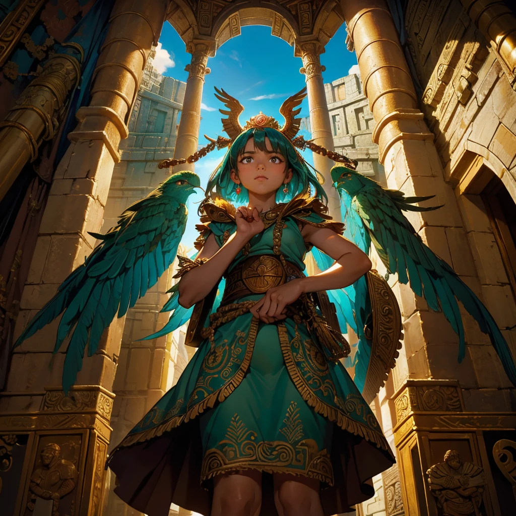 Childish, high quality、Very detailed、8Year、Mayan Aztec young priestess、Flying Feathered Serpent(Quetzalcoatl Kukulkan)Looking up at the sky and offering prayers、Chichen Itza Temple of the Sun in the Forest、mysterious、