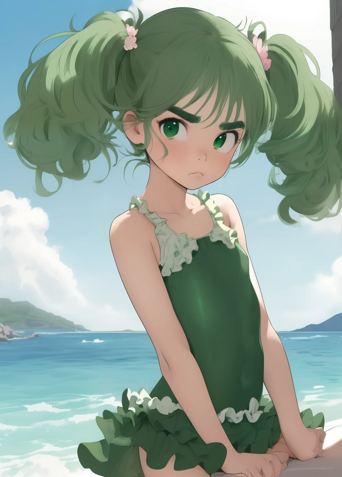 (masterpiece、Highest quality、Highest quality、Official Art、Beautiful and beautiful:1.2)、(One girl:1.3)Hatsune Miku、Twin tails,Beautiful breasts, Katsushika Hokusai, score_9, ,score_7_superior, score_6_superior, One girl, sauce_comics, sauce_anime,Breathtaking landscapes,watercolor,Smooth and soft skin, Natural Skin,mjm
break
(change:1.4),(:1.4), Small breasts,cute顔, (change toddler:1.1), 6,cute, (Eye highlights), (Shake:0.8), Glowing Skin,Beautiful Eyes, Detailed eyes, Puffy eyes,
break
(Medium green hair:1.3),(Green Malo eyebrows:1.6),Poutingy and slightly grumpy,(Pouting:1.2), ::(, (Close),(Frowning:0.6),white streaked hair, Green Eyes,
break
darkgreen Skirt-style one-piece swimsuit,Frills,Floral dark green swimsuit,Frills,Overly detailed clavicle,Exposed clavicle, Dynamic Angle,Inner Tube,Partially submerged,
break
dynamicpose,Ocean,Wave,island,tropical,Dynamic Angle,Breathtaking Backgrounds, Outdoor,pastel colour,superiorから,