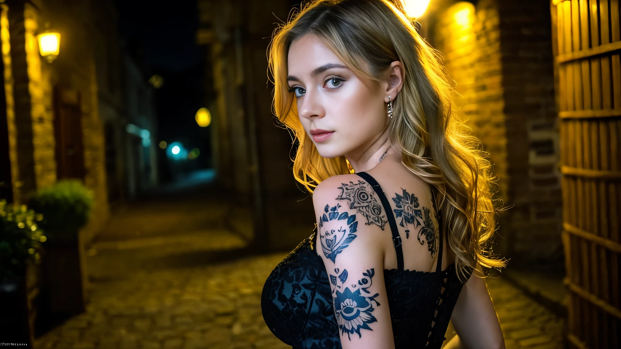 tatuados,Beautiful blonde with big breasts in a black dress、(Back tattoo、Many tattoos on both arms and neck)、 (Late night back alley、walk),Candlelight only,Very detailed, 21 years old, Innocent face, Wavy Hair, blue eyes, High resolution, masterpiece, Highest quality, Intricate details, Very detailed, Clear focus, Delicate skin, practical skin texture, texture, Delicate eyes, Professional, 4K, Sad face,despair、 Shot with Canon, 85mm, Shallow and deep, Kodak Vision Color, Exactly, Very detailed, photograph_\(Extremist\), photographpractical, practical, Post-processing, Maximum details, Roughness, Real Life, Extremist practical, Photorealism, photographgraphy, 8K Ultra HD, photographgraphy