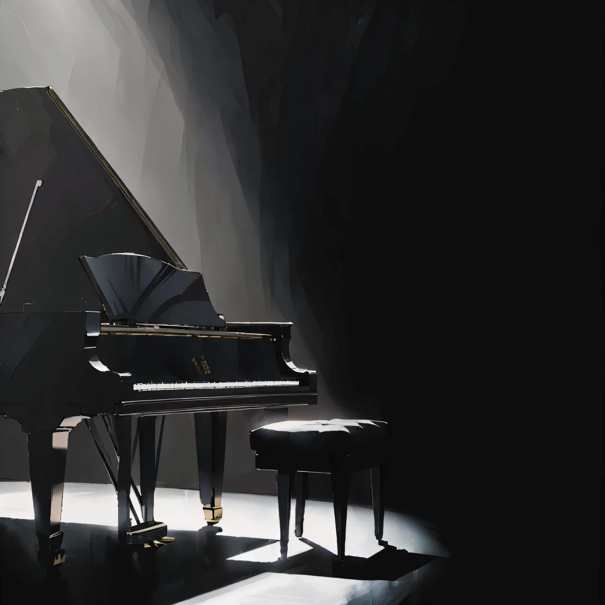 Grand piano illuminated by a spotlight. Black background. anime style.