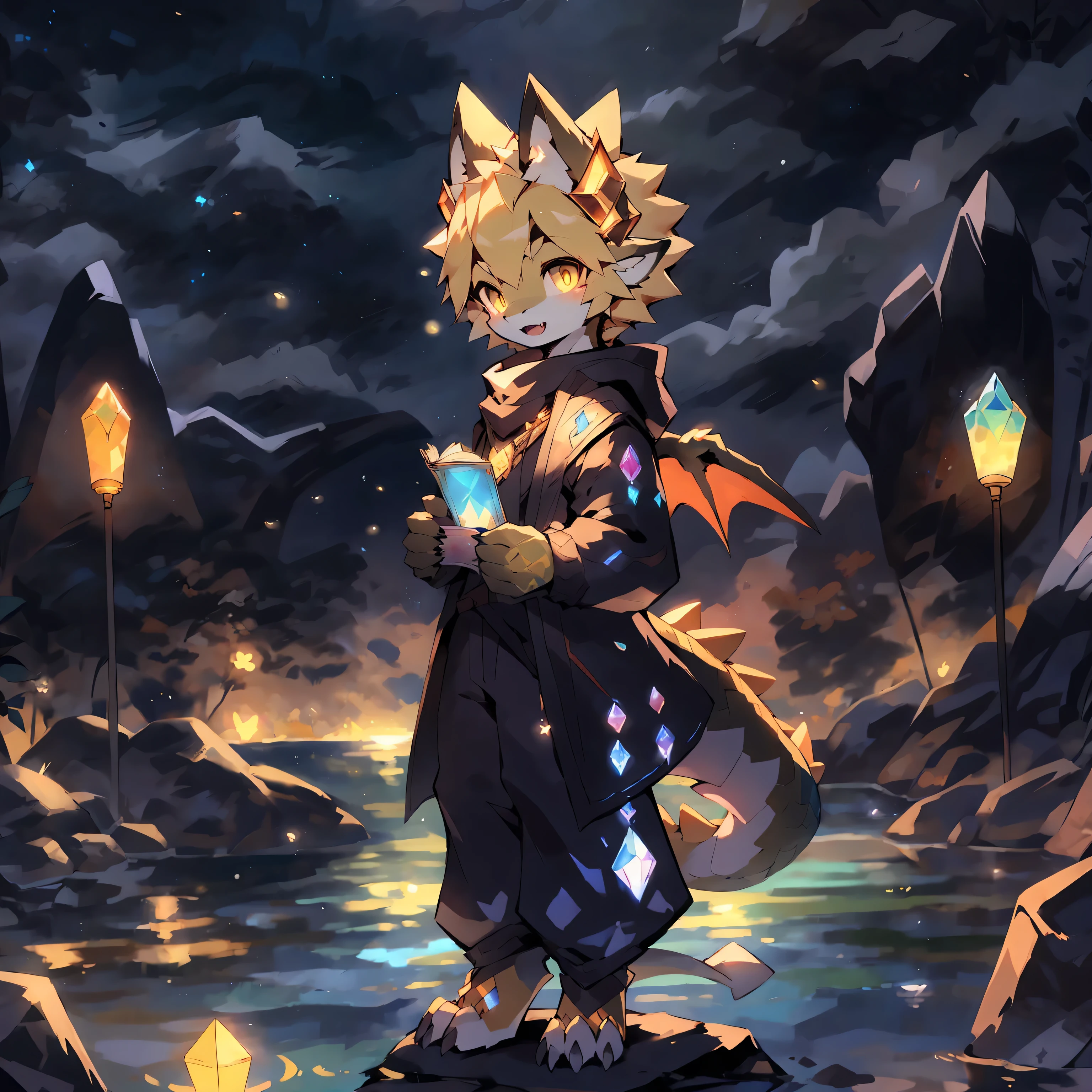 Midnight, Creek, Firefly, Blue Moon, Moonlight, Barbs, Lots of Fine Scales, Starry Sky, Crystal, Dragon Boy, solo, Cub, White Skin, Blonde Hairstyle, Detailed Eyes, Broken Golden Vertical Pupils, Fin Ears, Golden Crystal Sparrows, Astrologer, White-Gold Hooded Sweatshirt, Blue and Black Trench Coat, Golden-Blue Streamers, Blue Pants, Blue and Beige Scarves, Firefly Lanterns, Prismatic Gemstones on the Forehead, Starry Water, Floating Spell Book, Dragon Features, Slender and Slender Fine-Scaled Tail, Crystal Spiked Tail, Slender Golden Crystal Dragon Horns, Golden-Blue Wings, Wingspan, fangs, full body gold and blue crystal scales, larger foot claws, larger hand claws, full body fine scales, more scales, glowing textures, crystal balls, starlight, magic balls, magic lighting, surrounding, Starry sky tattoo, star motif