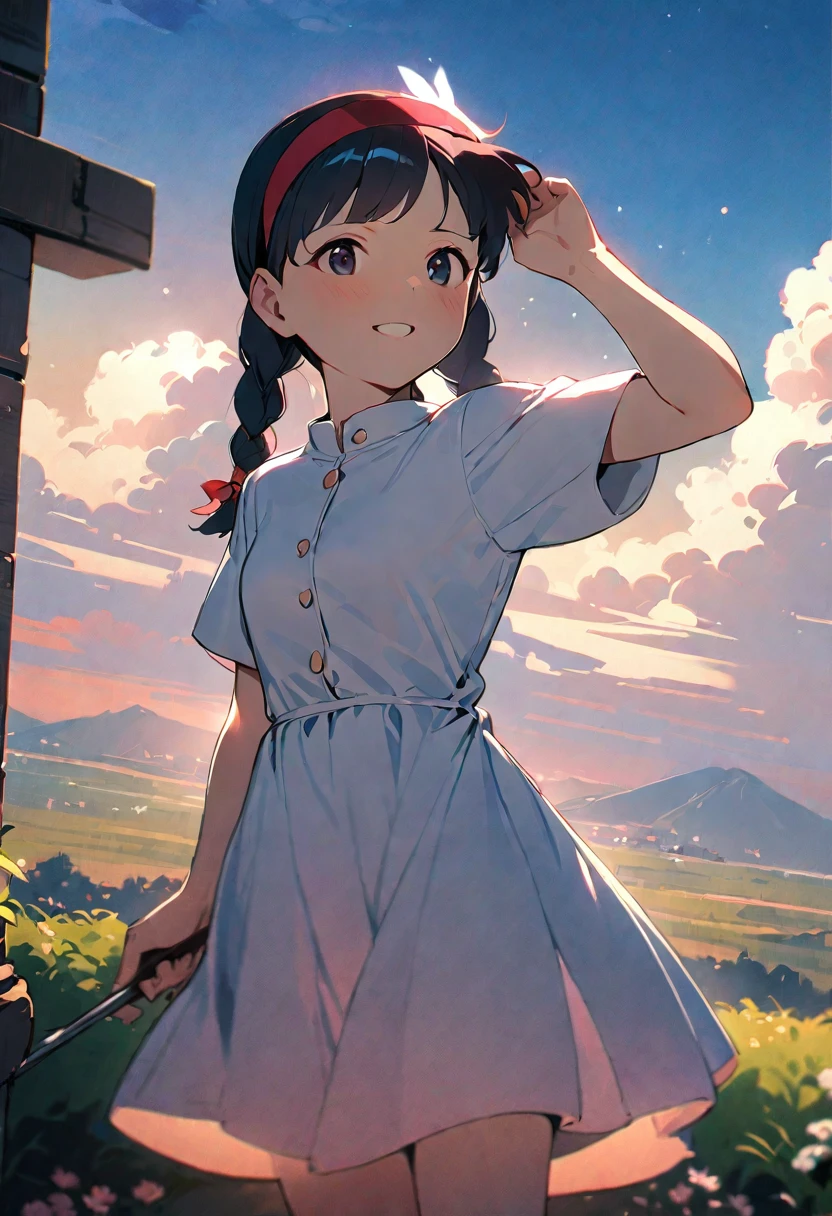 BREAK (masterpiece), (high resolution 8K), detailed eyes and face, detailed body, cinematic lighting, 
BREAK 1 girl, japanese girl, black hair, braids, red hairband, 
BREAK blue dress, simple dress, 
BREAK black eyes, small breasts, 
BREAK warm smile, 
BREAK outdoors, mountains, clouds, nature, blue sky, cumulonimbus cloud, (depth of field:1.2)
BREAK cowboy shot, shot from front, dutch angle,
