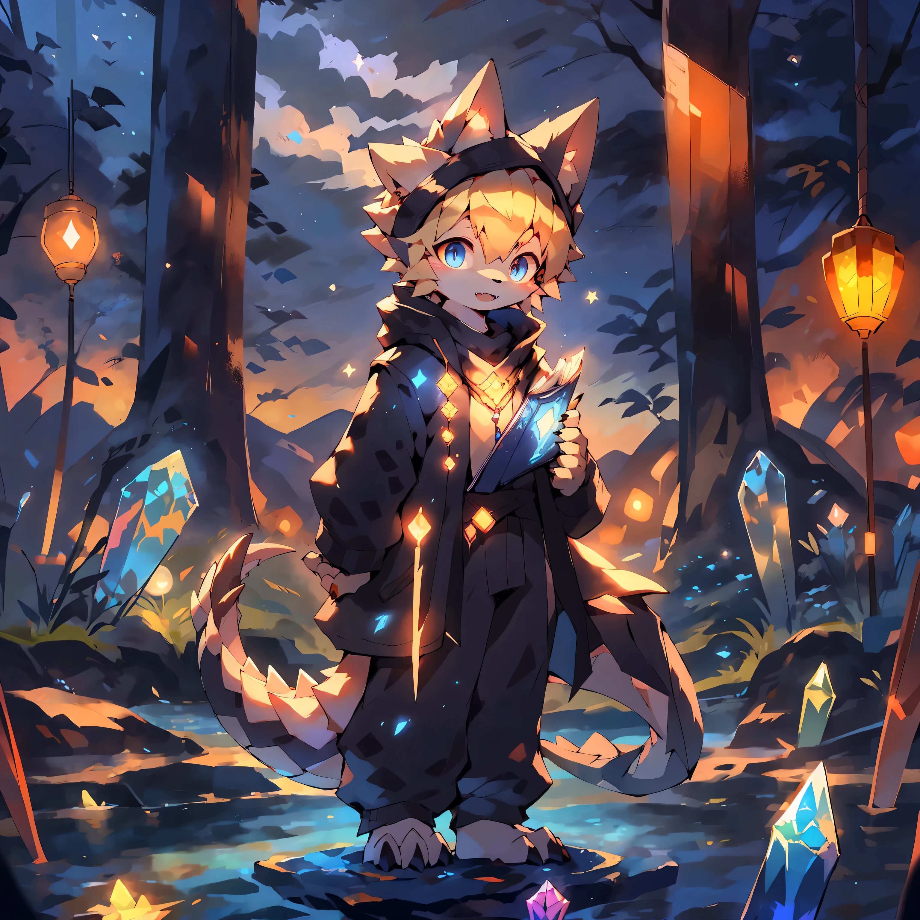 Midnight, Creek, Firefly, Blue Moon, Moonlight, Barbs, Lots of Fine Scales, Starry Sky, Crystal, Dragon Boy, solo, Cub, White Skin, Blonde Hairstyle, Detailed Eyes, Broken Golden Vertical Pupils, Fin Ears, Golden Crystal Sparrows, Astrologer, White-Gold Hooded Sweatshirt, Blue and Black Trench Coat, Golden-Blue Streamers, Blue Pants, Blue and Beige Scarves, Firefly Lanterns, Prismatic Gemstones on the Forehead, Starry Water, Floating Spell Book, Dragon Features, Slender and Slender Fine-Scaled Tail, Crystal Spiked Tail, Slender Golden Crystal Dragon Horns, Golden-Blue Wings, Wingspan, fangs, full body gold and blue crystal scales, larger foot claws, larger hand claws, full body fine scales, more scales, glowing textures, crystal balls, starlight, magic balls, magic lighting, surrounding, Starry sky tattoo, star motif