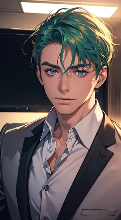 (best quality,4k,8k,highres,masterpiece:1.2),ultra-detailed,(realistic,photorealistic,photo-realistic:1.37),1 man,31 years old,mature man,very handsome,without expression,smile,short green hair,blue eyes,penetrating gaze,perfect face without errors,imposing posture,businessman,office background,cinematic lighting,hdr image