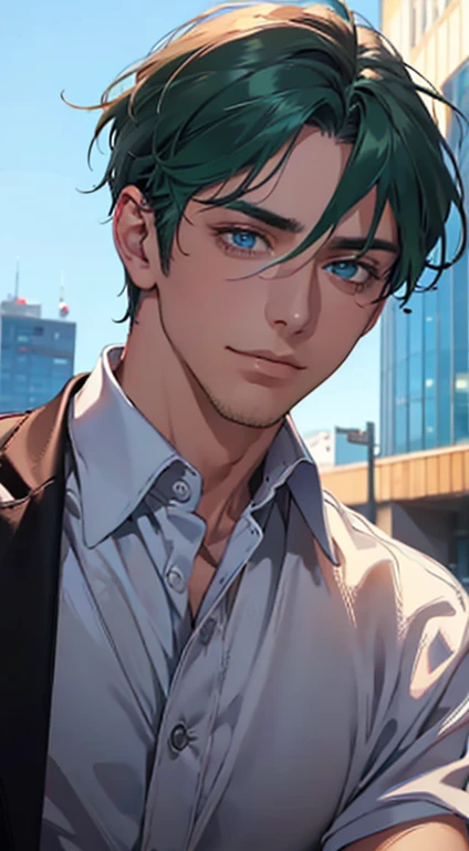 (best quality,4k,8k,highres,masterpiece:1.2),ultra-detailed,(realistic,photorealistic,photo-realistic:1.37),1 man,31 years old,mature man,very handsome,without expression,smile,short green hair,blue eyes,penetrating gaze,perfect face without errors,imposing posture,businessman,office background,cinematic lighting,hdr image