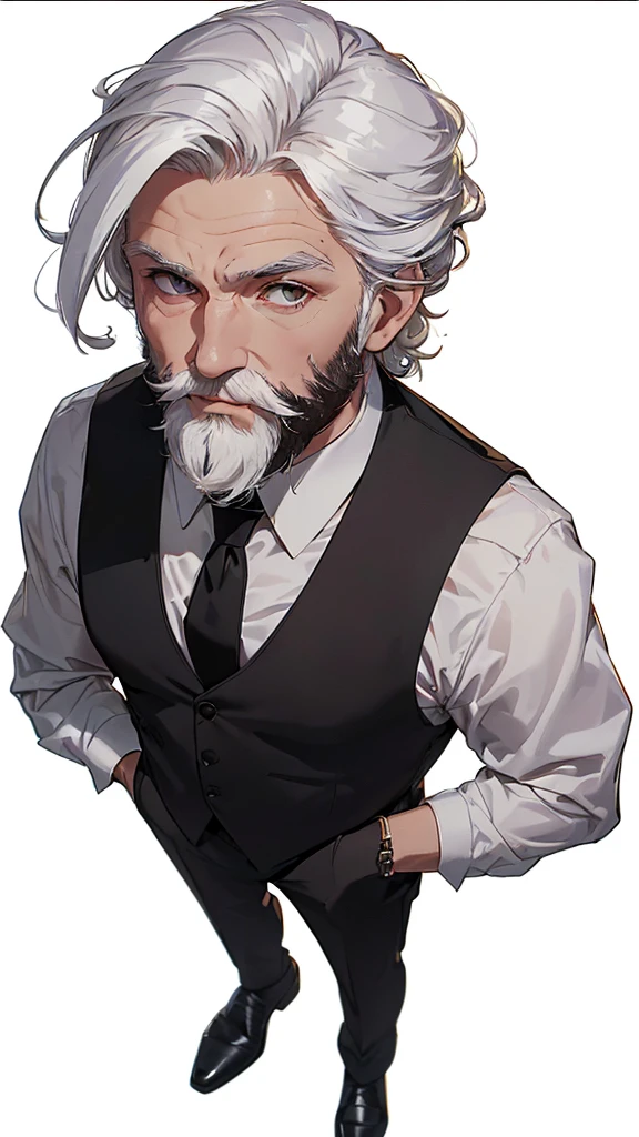 ((60 year old white man seen from above)), ((long tied white hair)), ((brown dark eyes)), ((full white beard)), ((wears a white dress shirt with a black vest over it and a red tie)), ((Black dress pants and black dress shoes)).