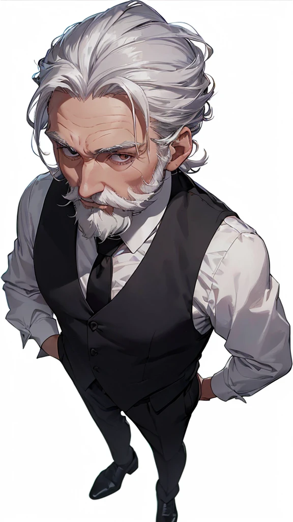 ((60 year old white man seen from above)), ((long tied white hair)), ((brown dark eyes)), ((full white beard)), ((wears a white dress shirt with a black vest over it and a red tie)), ((Black dress pants and black dress shoes)).