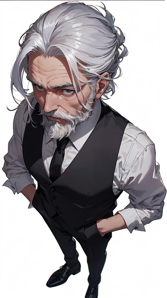 ((60 year old white man seen from above)), ((long tied white hair)), ((brown dark eyes)), ((full white beard)), ((wears a white dress shirt with a black vest over it and a red tie)), ((Black dress pants and black dress shoes)).