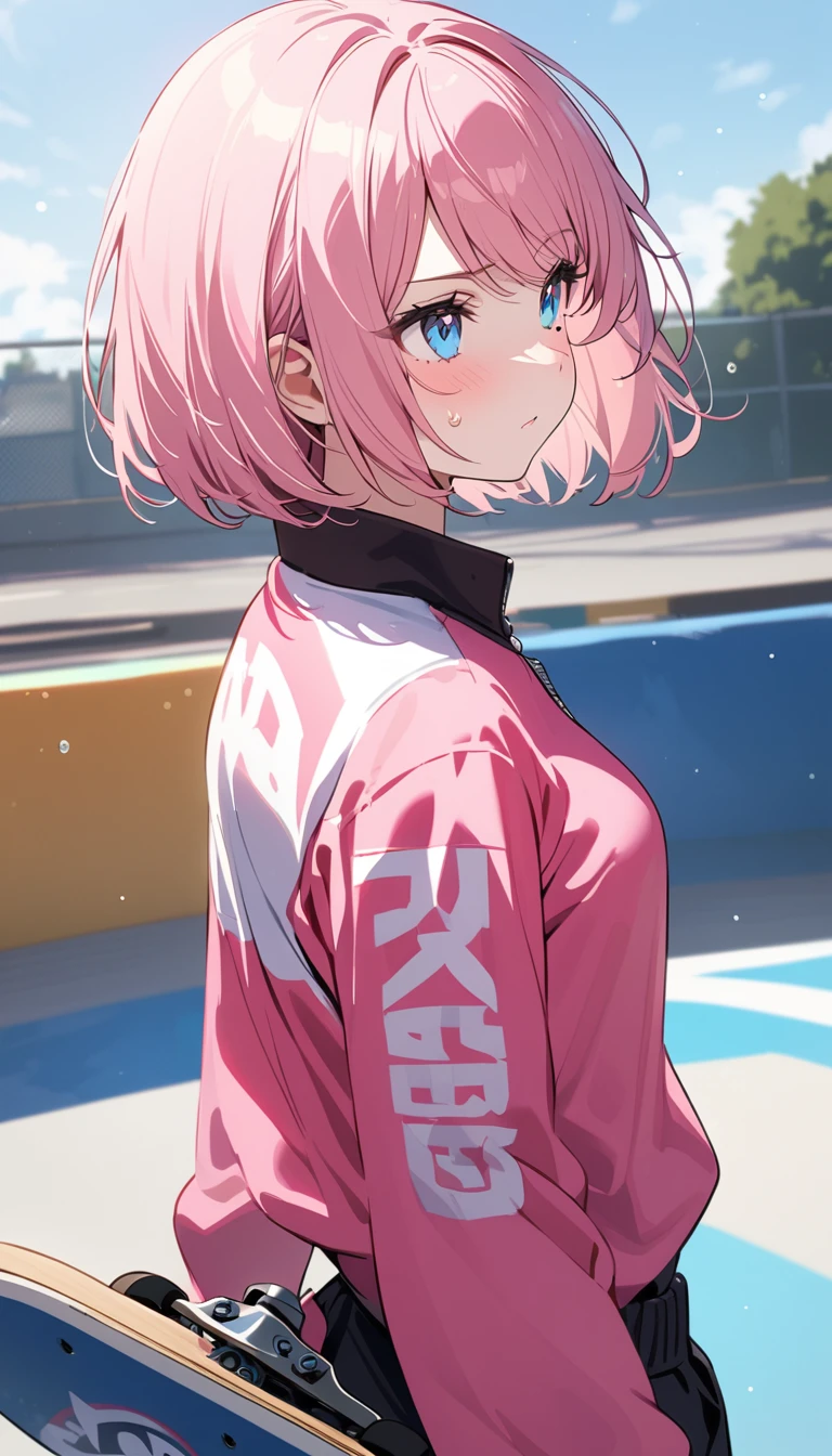(1 girl),(Best Picture Quality, 8K, Masterpiece:1.3), (high school student:1.5), ((pink lob hair:1.1)), (bob cut),(swept bangs), (cute eyes, pupil black, iris skyblue, youthful face), (mole under right eye), (standard weight), (small breasts),(big hip), (glistening skin:1.2),(pale skin:1.2),(serious:1.3),BREAK,((skateboard uniform)), ((skateboard park)), (play skateboard),(sweat:1.1),(magnificent view), ((looking ahead:1.3), ((from side:1.3)).