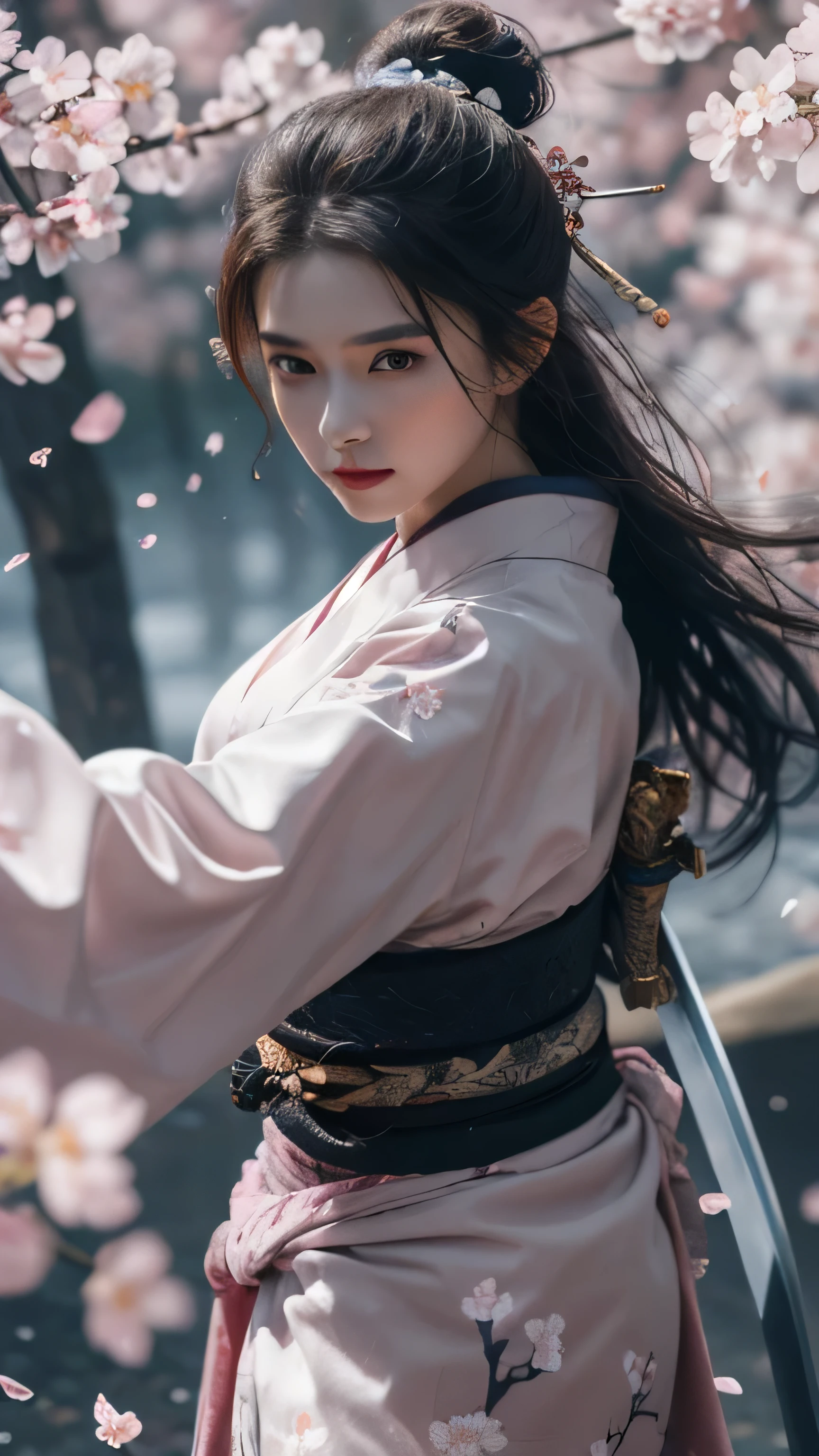 刀Cherry blossoms,1 girl solo,From the front, arms,Black long hair, She put a beautiful hairpin in her hair.,sword,petal,Cherry blossoms,Long hair,Wearing traditional Japanese kimono, Hair accessories,View your audience,Holding a long sword in both hands,Fighting pose with sword,cherry blossoms snowstorm, outdoor,最high quality,masterpiece,number,Very delicate and beautiful,CG,Unite,8k wallpaper,wonderful,detailed,masterpiece,Official Art,Very detailed CG Unite 8k wallpaper,Ridiculous,Large file size,Very detailed,high resolution,Very detailed,Beautiful and delicate girl,Practical,(masterpiece, 最high quality, high quality, high resolution, Very detailed),