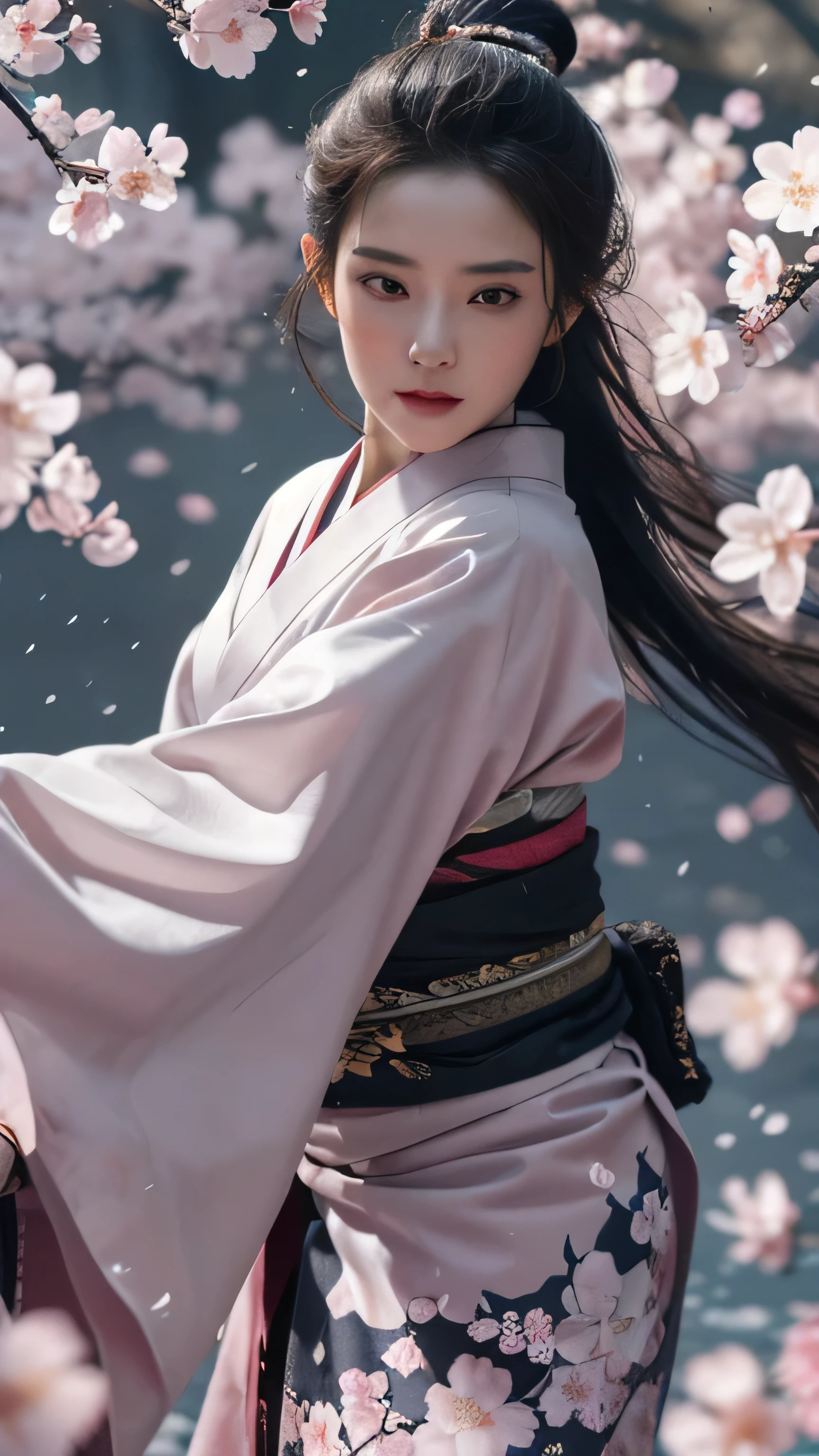 刀Cherry blossoms,1 girl solo,From the front, arms,Black long hair, She put a beautiful hairpin in her hair.,sword,petal,Cherry blossoms,Long hair,Wearing traditional Japanese kimono, Hair accessories,View your audience,Holding a long sword in both hands,Fighting pose with sword,cherry blossoms snowstorm, outdoor,最high quality,masterpiece,number,Very delicate and beautiful,CG,Unite,8k wallpaper,wonderful,detailed,masterpiece,Official Art,Very detailed CG Unite 8k wallpaper,Ridiculous,Large file size,Very detailed,high resolution,Very detailed,Beautiful and delicate girl,Practical,(masterpiece, 最high quality, high quality, high resolution, Very detailed),