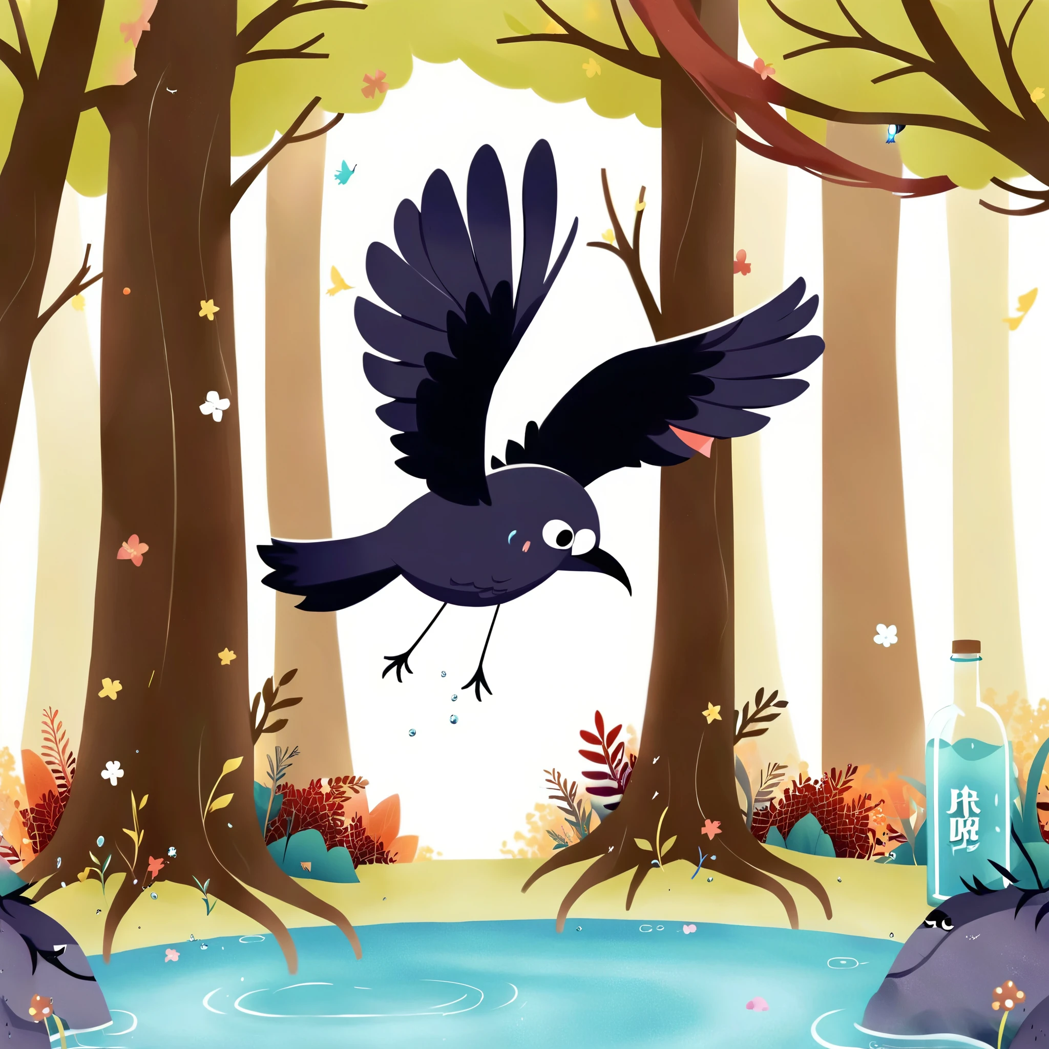 A crow flies，Finally saw a forest，It flew over excitedly，Hope to find water in the woods。I searched for a long time，It found a large open glass bottle half-filled with water.。