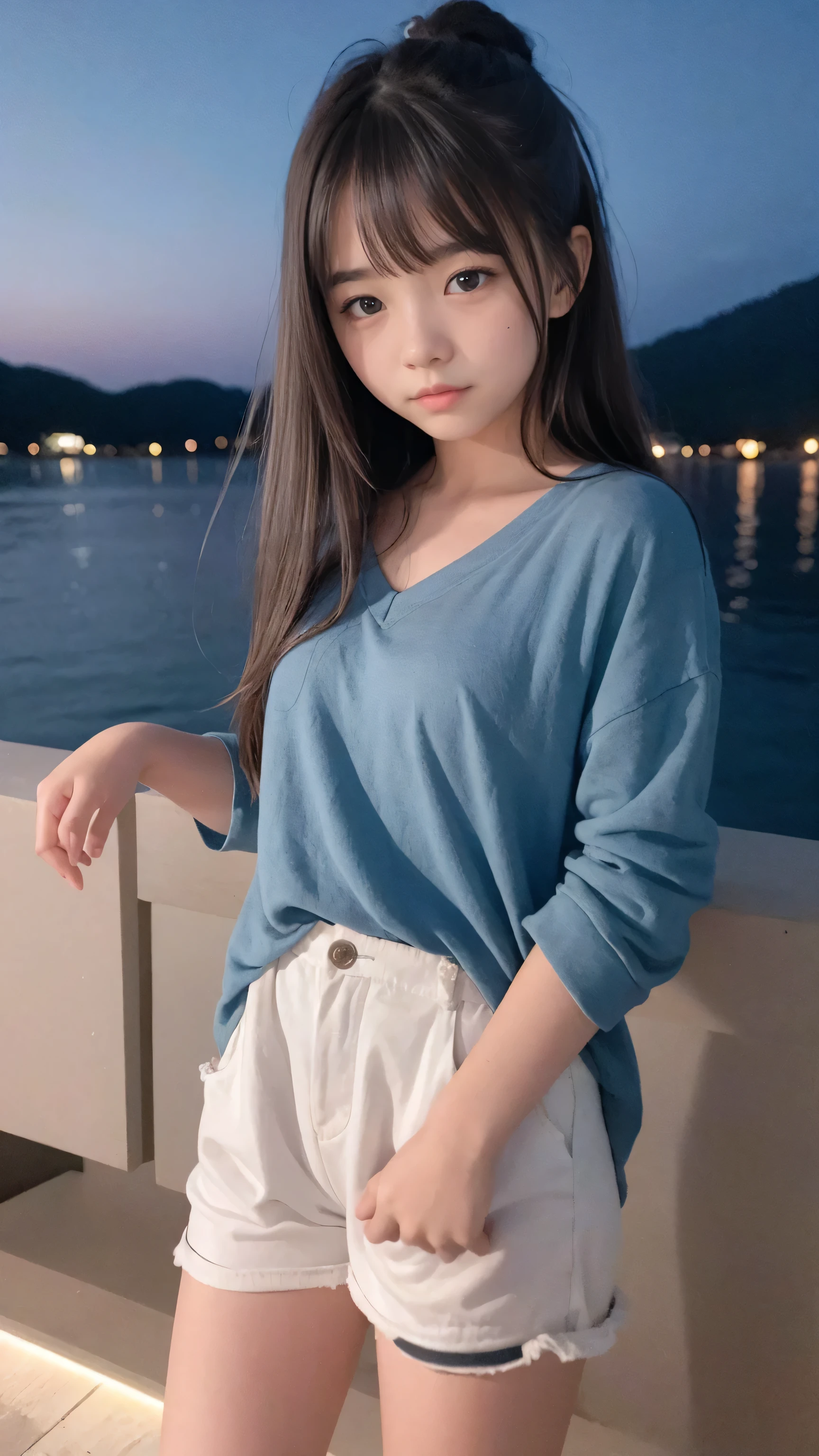 A very cute 15-year-old girl. She came to the lake and is playing by the sea at night.