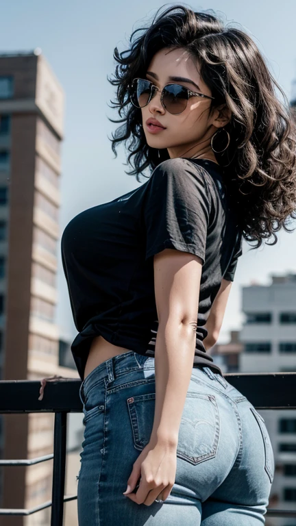 Black woman using a black shirt and jeans, curly hair, bug , big butt, sun glasses, singer, famous,