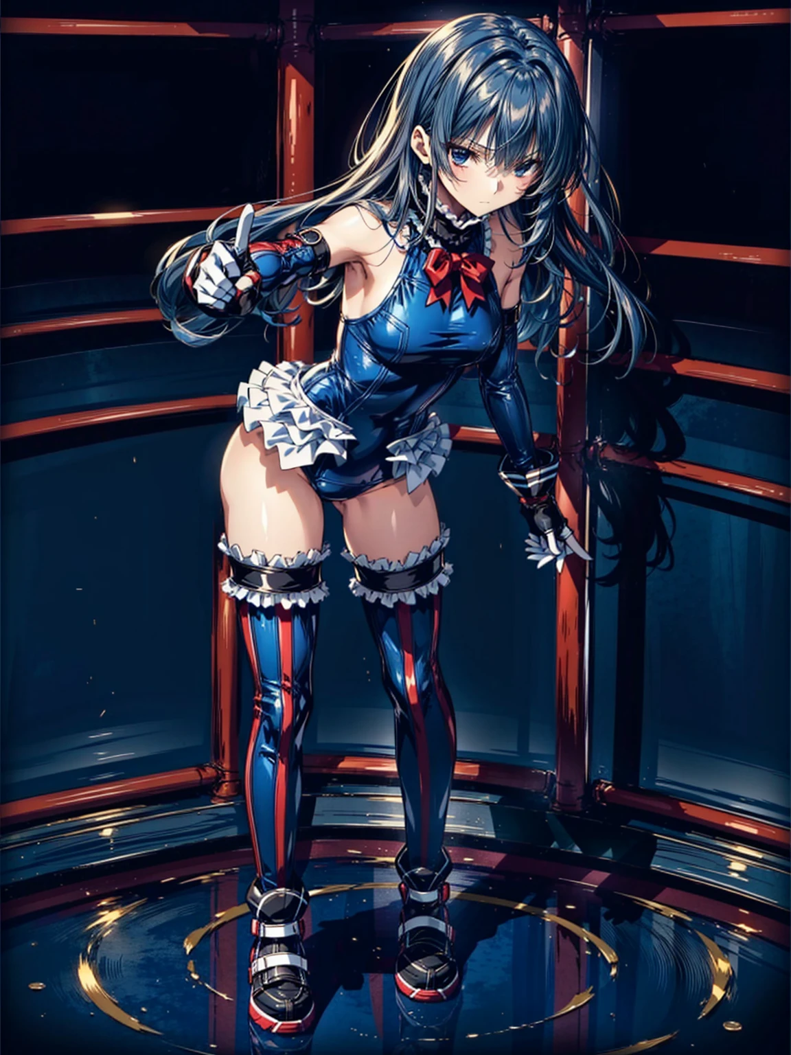 (1girl in, (digital) ( In the detailed laboratory, medium breasts, (fril swimsuit, thighs thighs thighs thighs, Detached sleeves)) , Best Quality, marierose,saluting、Rape Eye、1girl in
