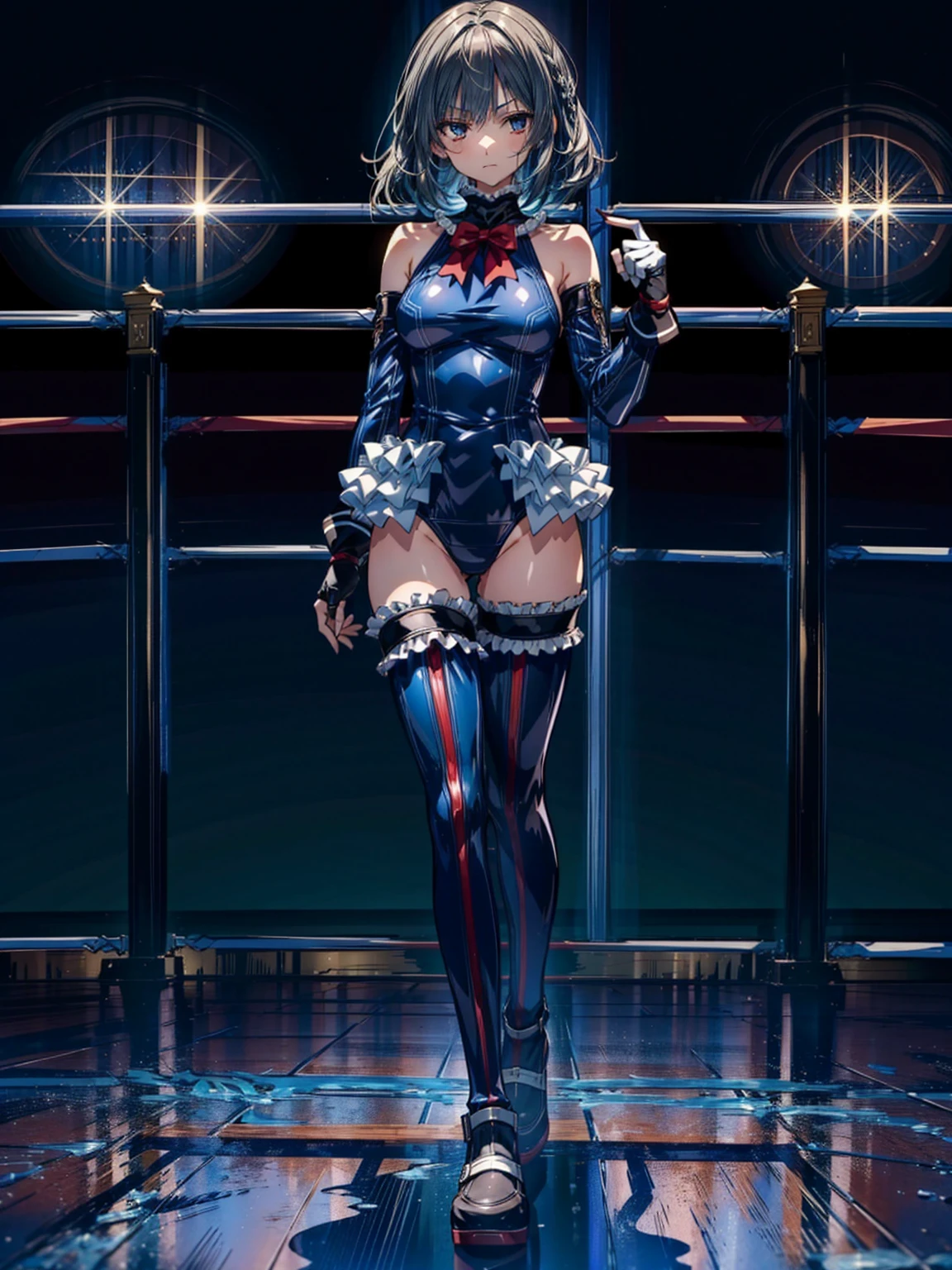 highest quality,Lie on your back in bed,Bow-legged,Show me your boots,Thigh-high boots,leotardチラ見せ,Gloves,elegant, 1 girl, leotard,Bodysuits,cute, Blushed, Looking at the audience, From below,Beautiful Eyes, Beautiful background, Particles of light, Dramatic lighting, outside, Shiny, Realistic, Tabletop, highest quality, Very detailed, Get used to it, scenery, Beautiful and detailed, Thin Hair,Full Body Shot,