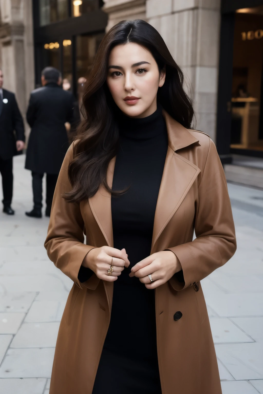 A beautiful, charming,and gorgeous look alike of young Monica Bellucci wearing a professional fitting brown coat suit In a crowded street.