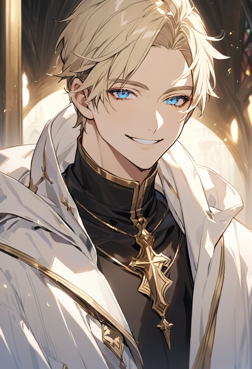solo, handsome, 1 male, light blond hair, blue eyes, white shirt, white coat, golden, friar, smile facial