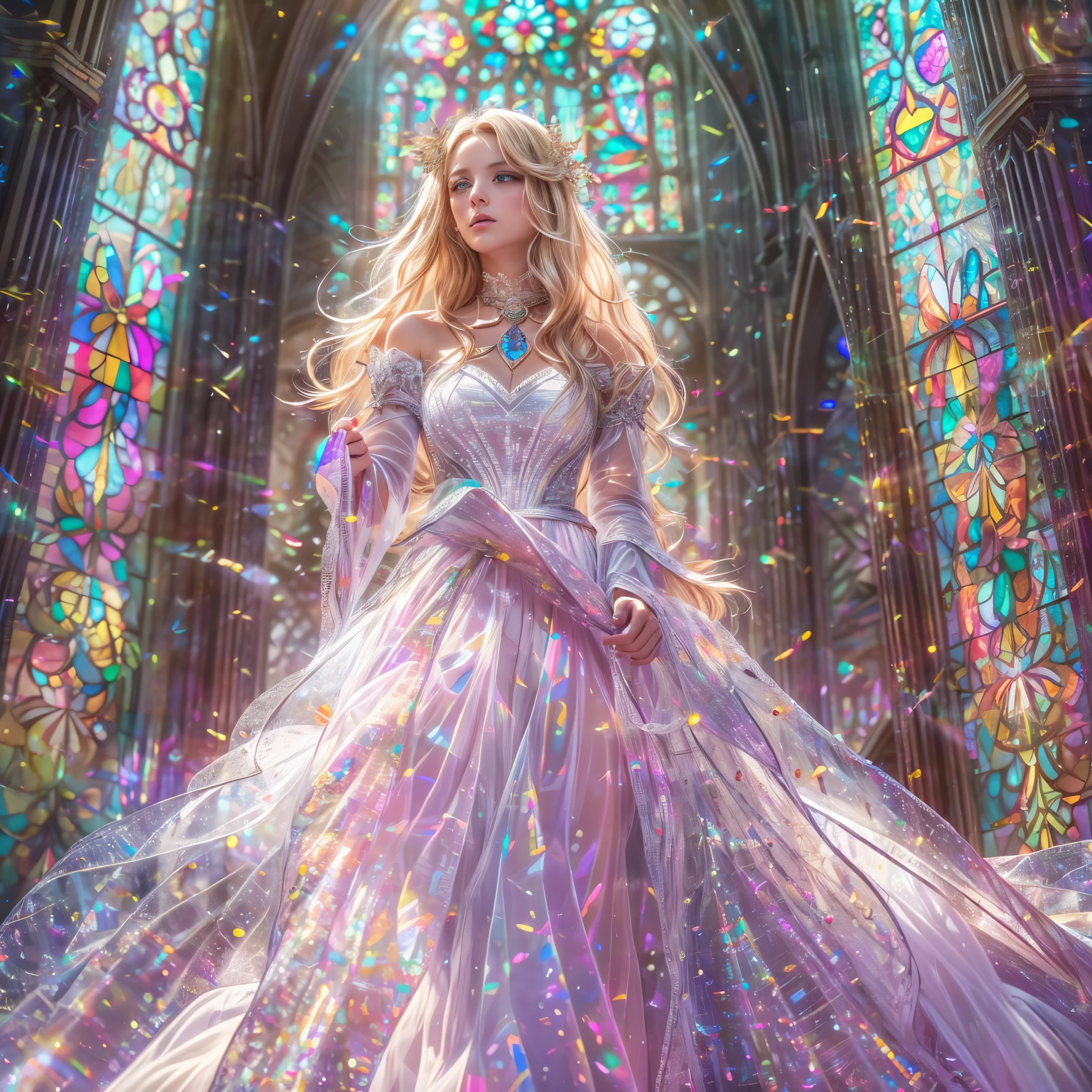 (Cathedral from below:1.28) (ZoomLayer) ((TopQuality 8K masterpiece of (Professional photo:1.37)), (((Clarisse de Cagliostro))) (Detailed White WeddingDresses), Chain, (((Extremely detailed KAWAII face))) {((VeiledFace))|BlondeHair|(Elaborate BuleEyes)with(SparklingHighlights:1.28)}, The background is distant (((Elaborate stained glass))) Rainbow Glass, {(MysticSight)|EnchantingAtmosphere|Haze|(GodRays)|TyndallEffect}, Radiant PearlSkin with Transparency, (Exposed:0.52)