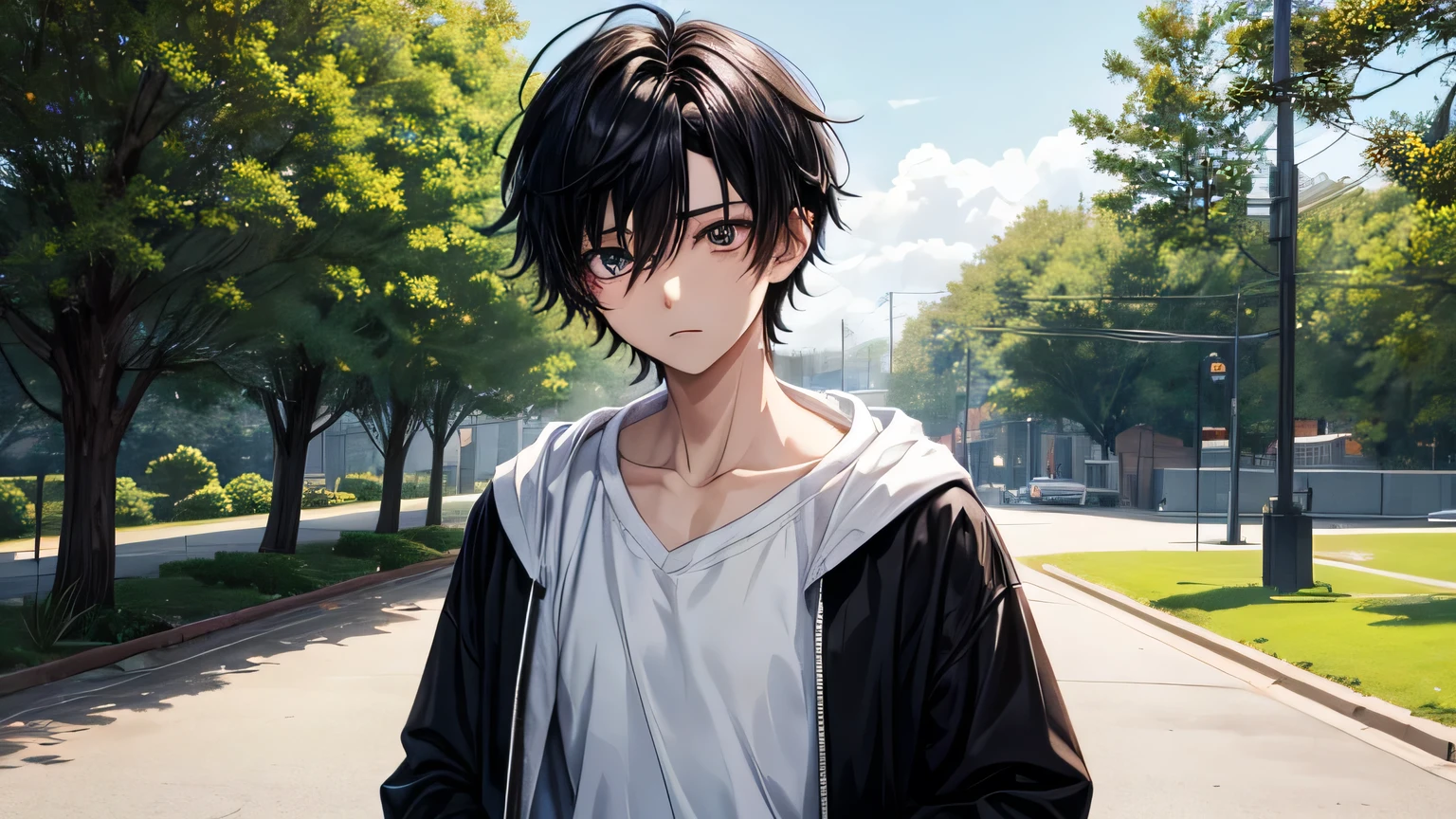 A young anime character boy with messy, black hair that falls slightly over his eyes, giving him a somewhat disheveled yet endearing look. His eyes are a strikin black color, contrasting sharply with his pale complexion, and they have a calm, almost emotionless expression. He wears a white hoodie with a front zipper, which complements his overall light and clean aesthetic. He is standing in park . Make background little bit burry