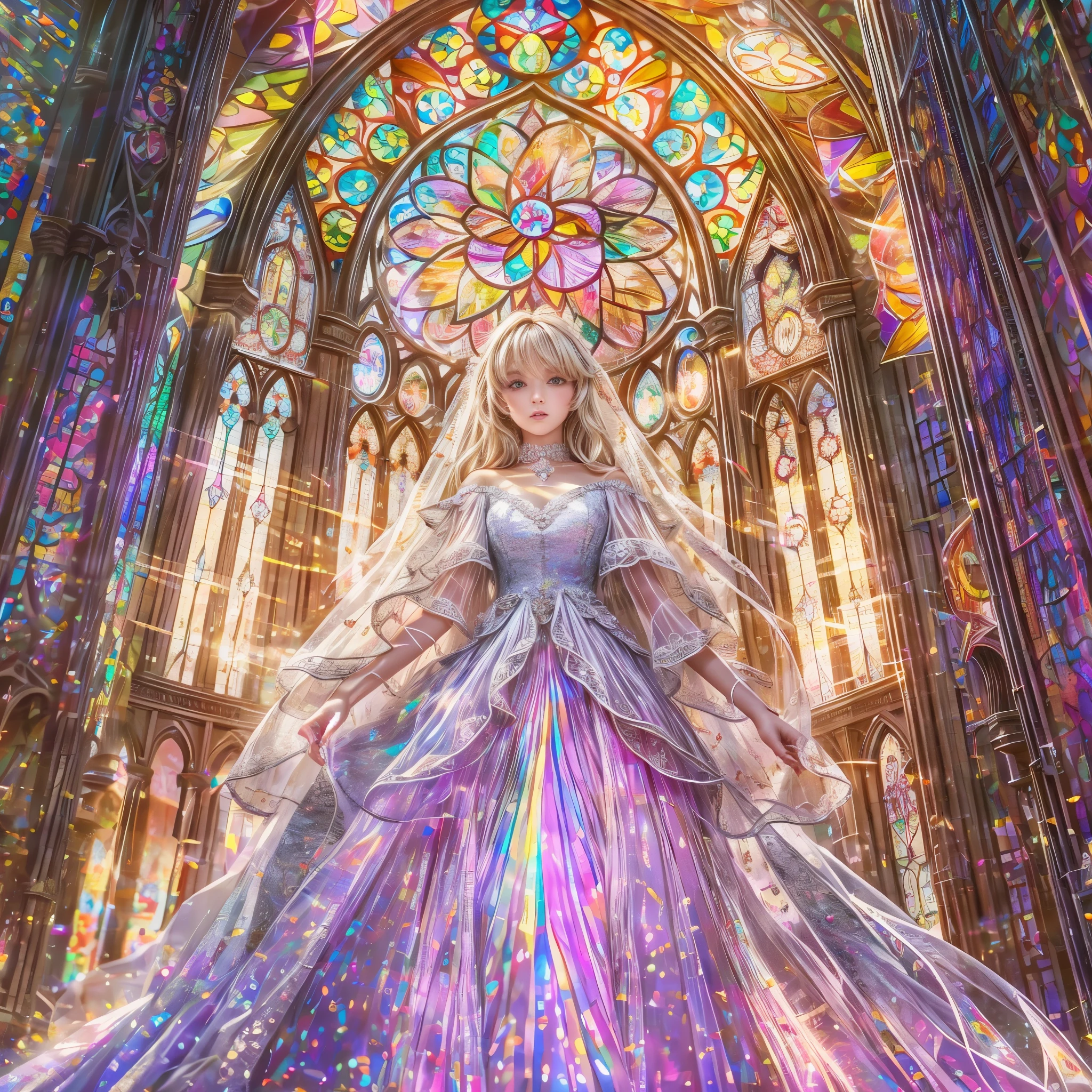 (Cathedral from below:1.28) (ZoomLayer) ((TopQuality 8K masterpiece of (Professional photo:1.37)), (((Clarisse de Cagliostro))) (Detailed White WeddingDresses), Chain, (((Extremely detailed KAWAII face))) {((VeiledFace))|BlondeHair|(Elaborate BuleEyes)with(SparklingHighlights:1.28)}, The background is distant (((Elaborate stained glass))) Rainbow Glass, {(MysticSight)|EnchantingAtmosphere|Haze|(GodRays)|TyndallEffect}, Radiant PearlSkin with Transparency, (Exposed:0.52)