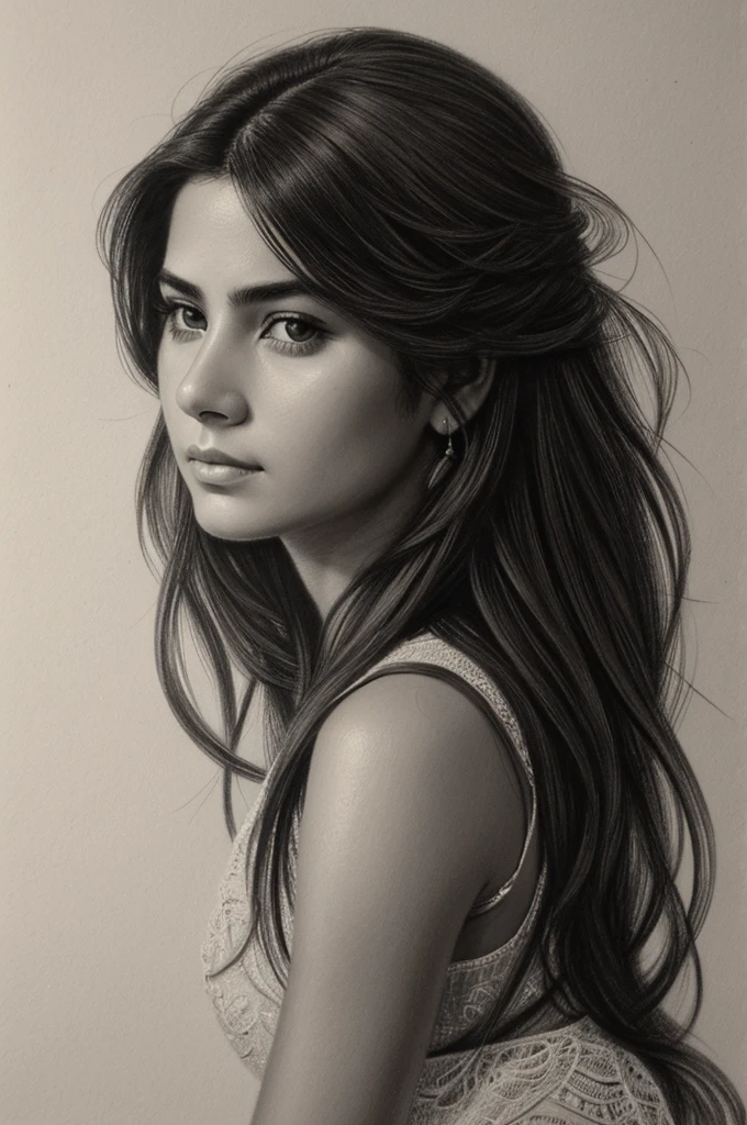 Hiperrealistic Soft charcoal pencil sketch, delicate lines, expressive eyes, flowing hair, subtle shading, intricate details, faded features, young Mexican woman, elegant posture, thoughtful expression, monochrome tones, realistic portrait, high contrast, fine art, emotional depth, traditional medium, artistic flair, intricate textures, light and shadow play.The name, 'Roberto Salcedo', is written in cursive at the bottom right corner in a little text