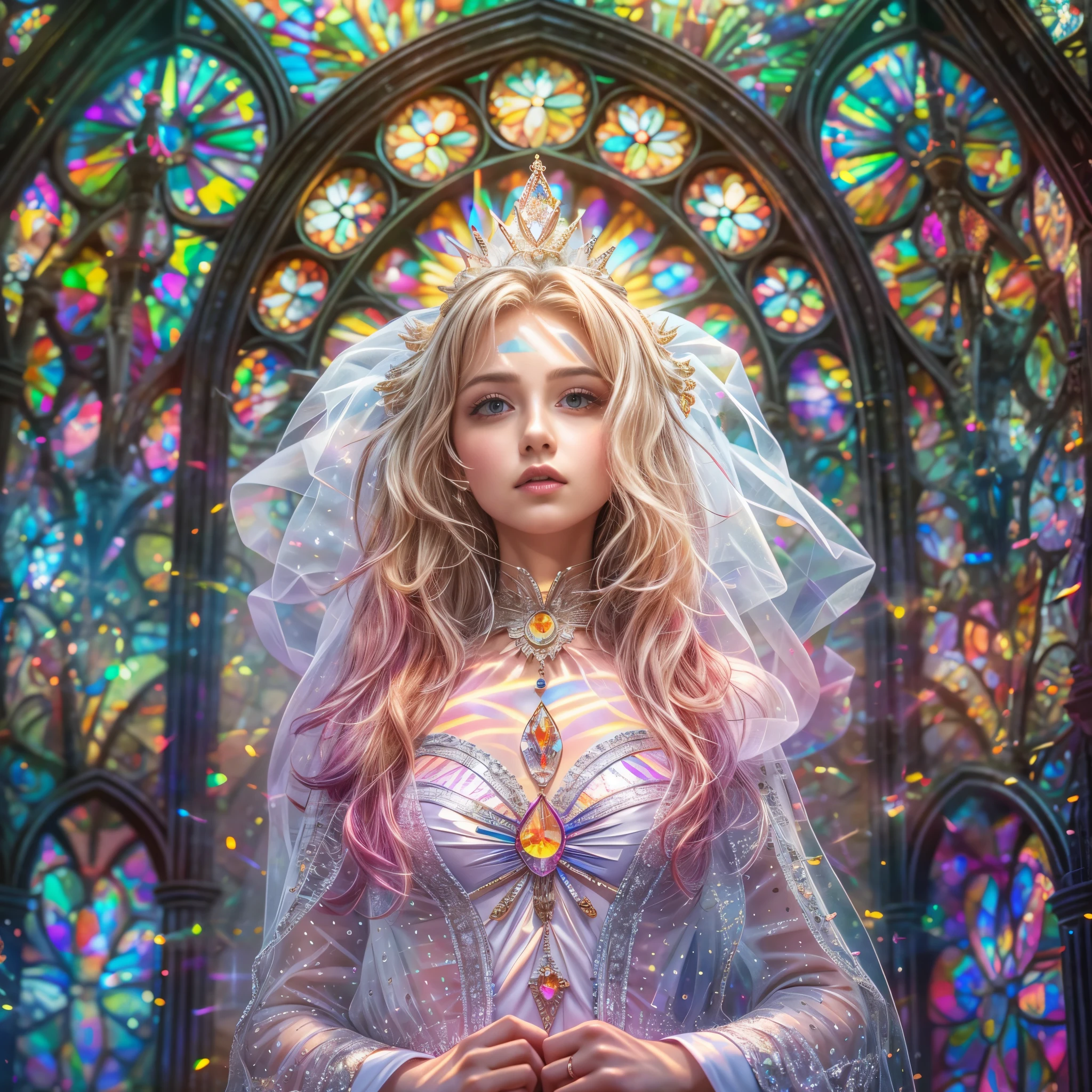 (Cathedral from below:1.28) (ZoomLayer) ((TopQuality 8K masterpiece of (Professional photo:1.37)), (((Clarisse de Cagliostro))) (Detailed White WeddingDresses), Chain, (((Extremely detailed KAWAII face))) {((VeiledFace))|BlondeHair|(Elaborate BuleEyes)with(SparklingHighlights:1.28)}, The background is distant (((Elaborate stained glass))) Rainbow Glass, {(MysticSight)|EnchantingAtmosphere|Haze|(GodRays)|TyndallEffect}, Radiant PearlSkin with Transparency, (Exposed:0.52)