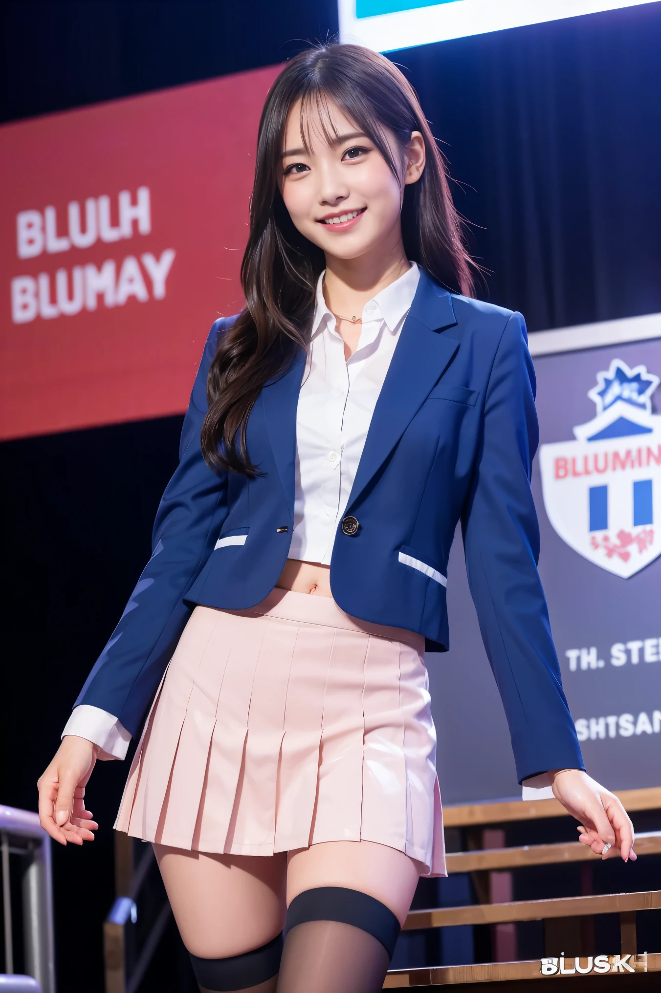 (8k), (highest quality: 1.2), (Realistic), (Realistic: 1.37), Ultra-high resolution, 1 girl, cute, (Embarrassed smile:1.2), (Blushing:1.4),Mouth closed, Beautiful details, Beautiful Nose, silky Hair, Thighs,Navel exposed,University Student Uniform,A simple blazer,Pleated skirt,Platform boots,Dancing on the school stage,(Shiny Thighs:1.2),Medium Shot,(セクシーなストッキング:1.2)